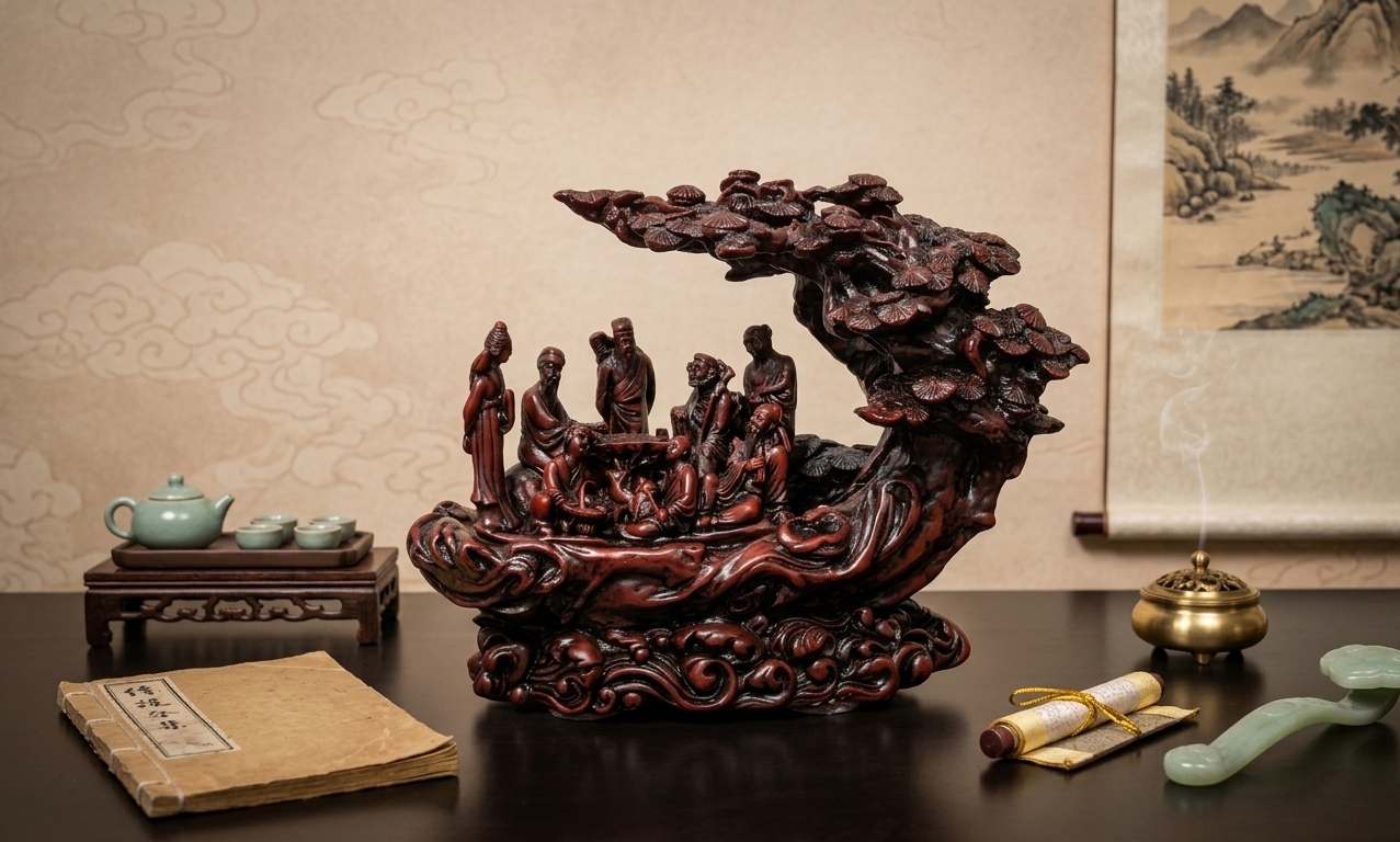 Antique Chinese Figurine of Scholars Under a Tree