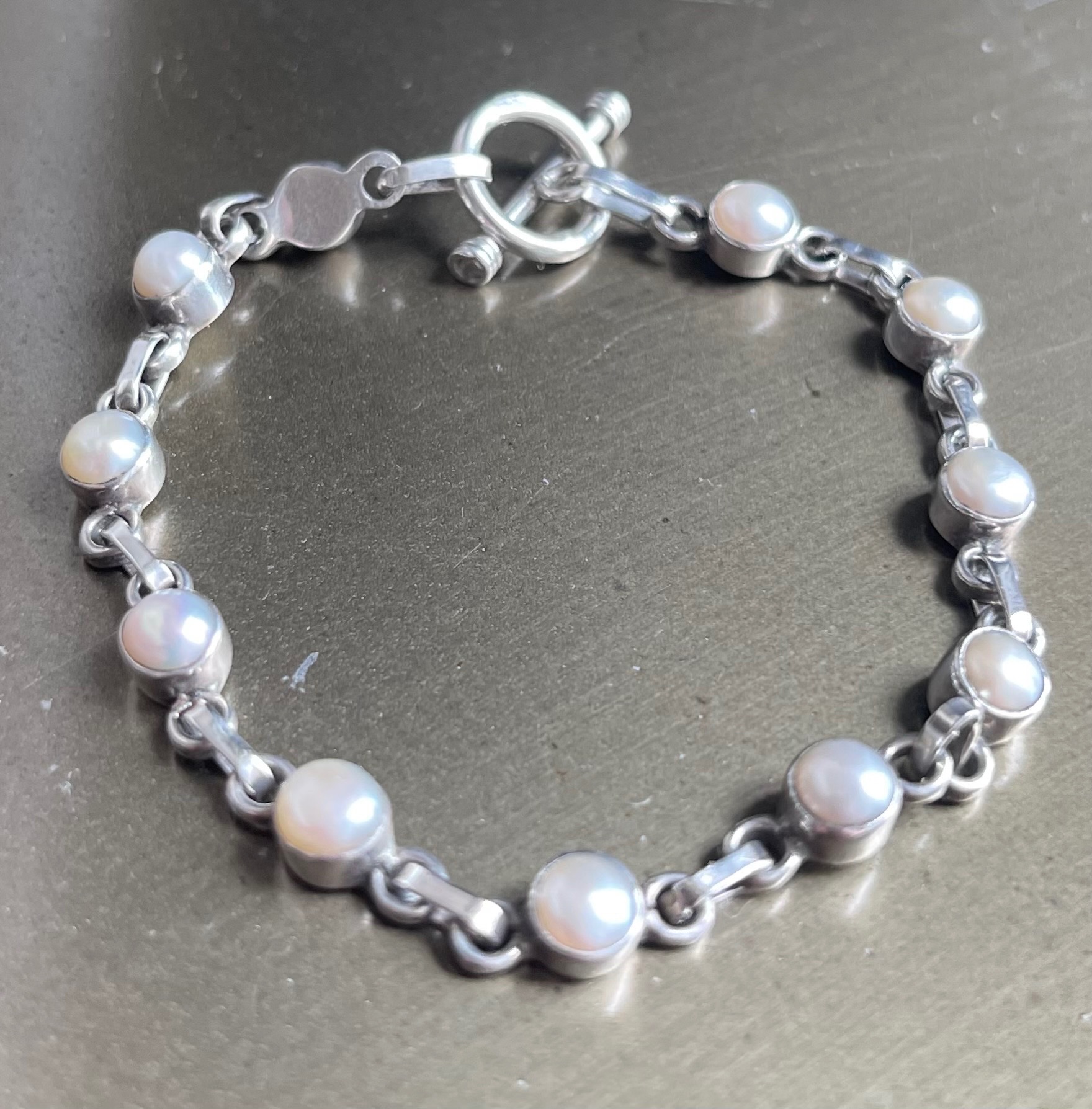 Vintage Sterling Silver & Natural Pearl Station Bracelet - 7"
