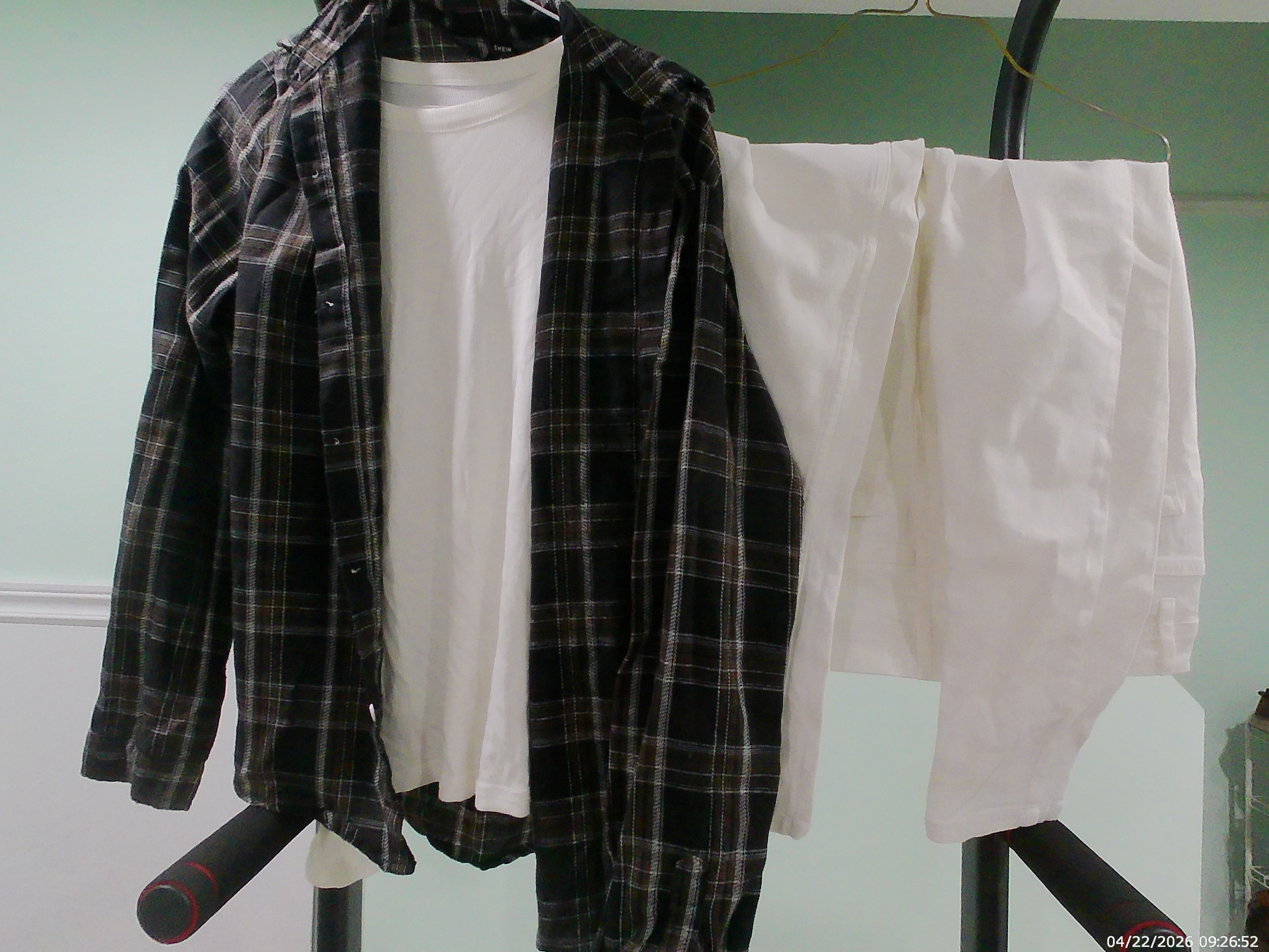 White & Black Plaid Shirt with White T-Shirt and White Jeans