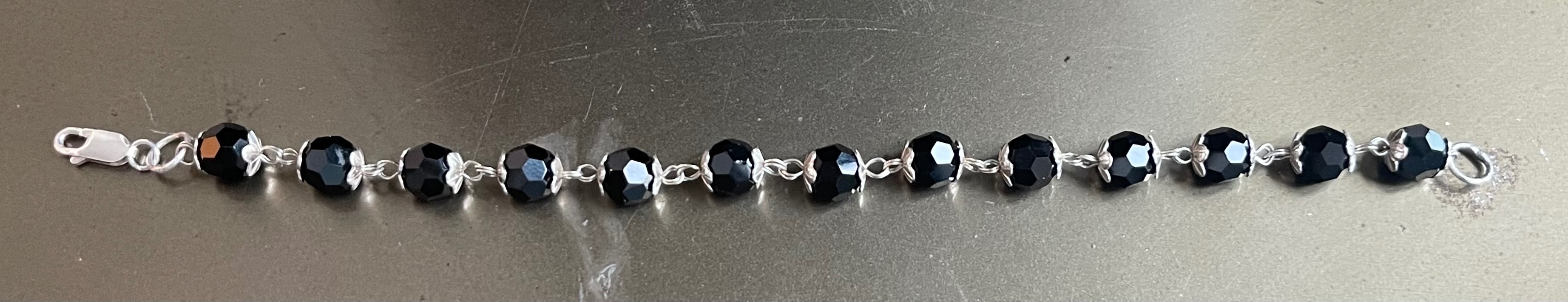 Vintage Sterling Silver & Faceted Black Onyx Bracelet - 7.5"