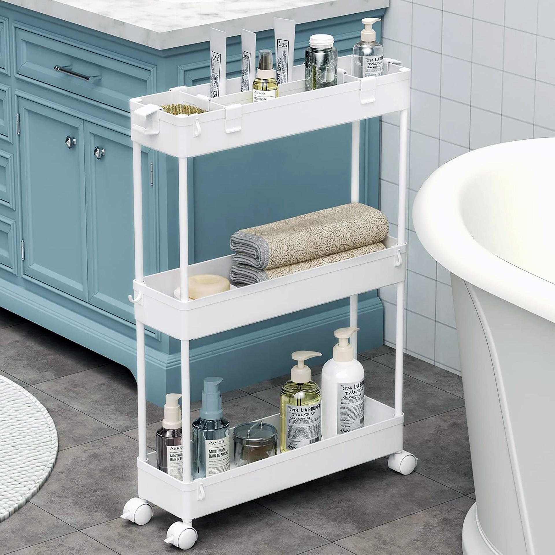 3-Tier Bathroom Rolling Utility Cart - Slim & Space Saving!