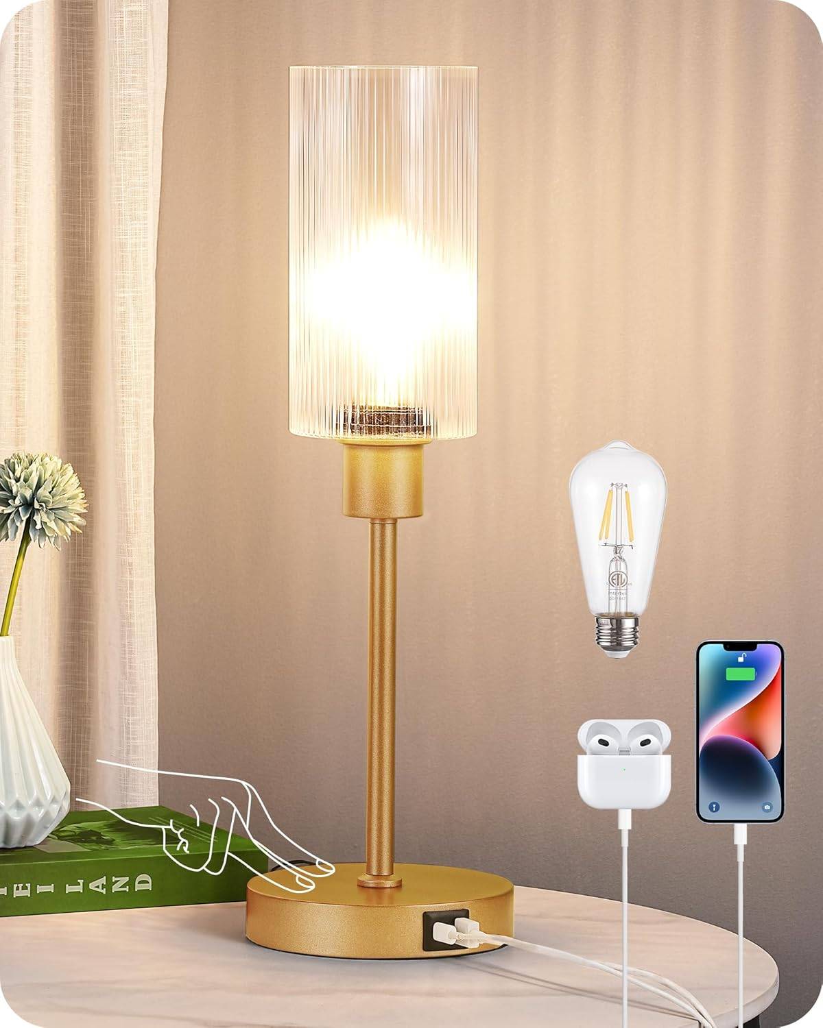 Gold Desk Lamp with USB Ports and 3-Way Dimmable