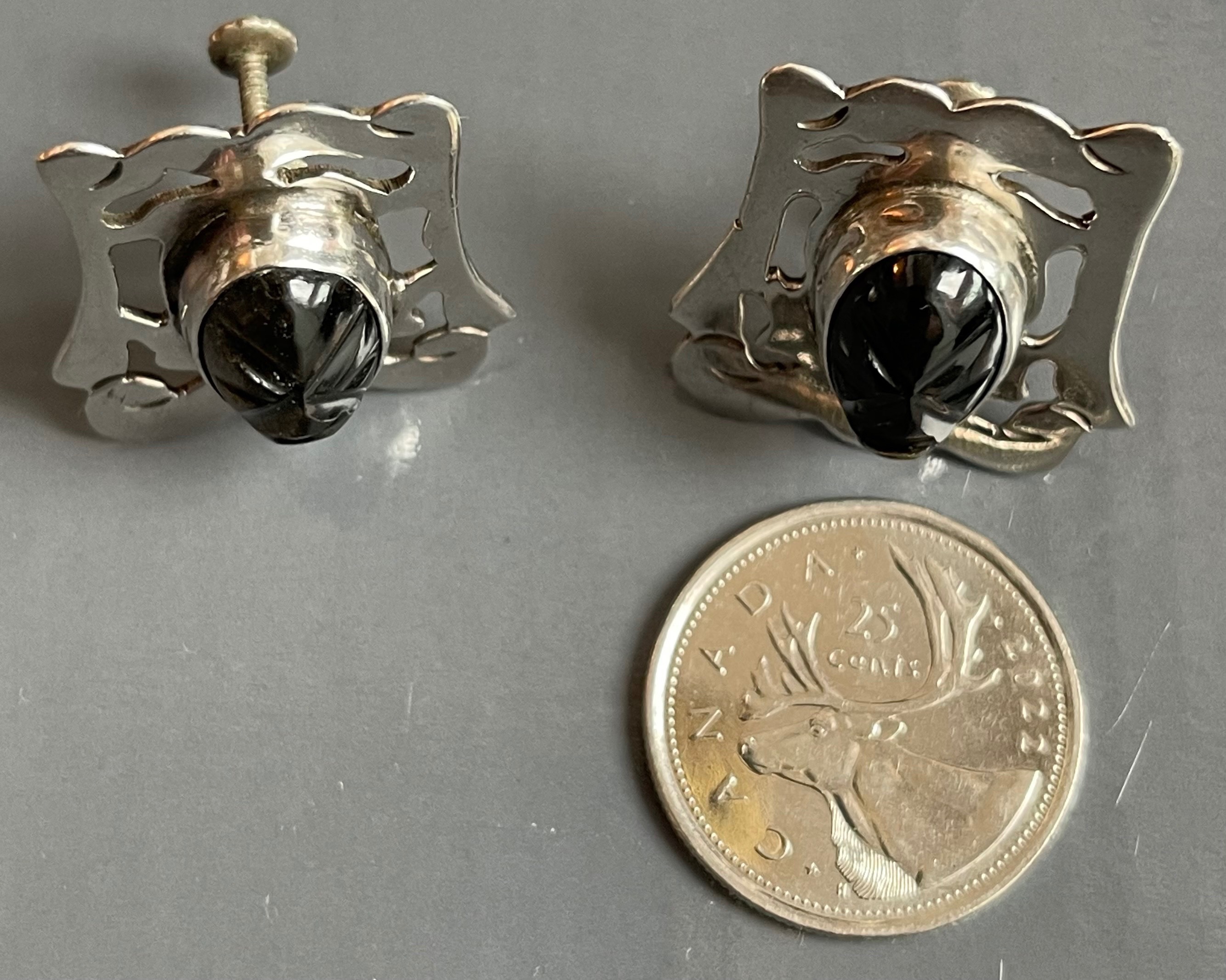 Vintage Mexican Sterling Silver/Carved Black Onyx Mask Earrings - photo 3