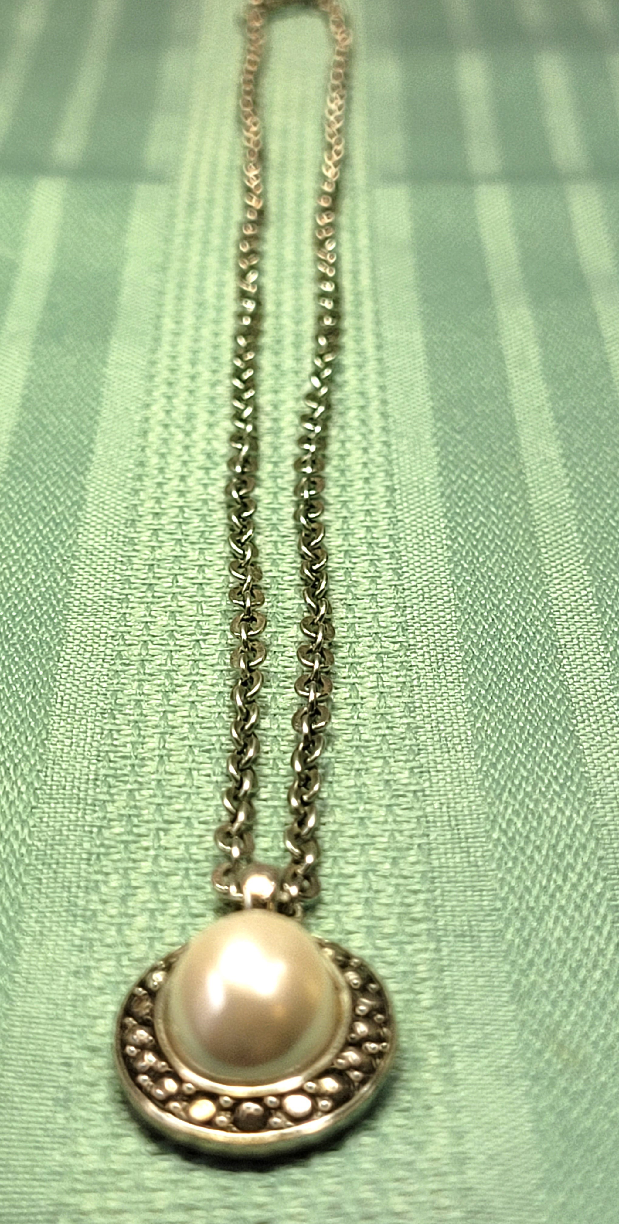 1990s Faux Pearl Pendant Necklace, Silver Tone Ornate 18 Inch - photo 3