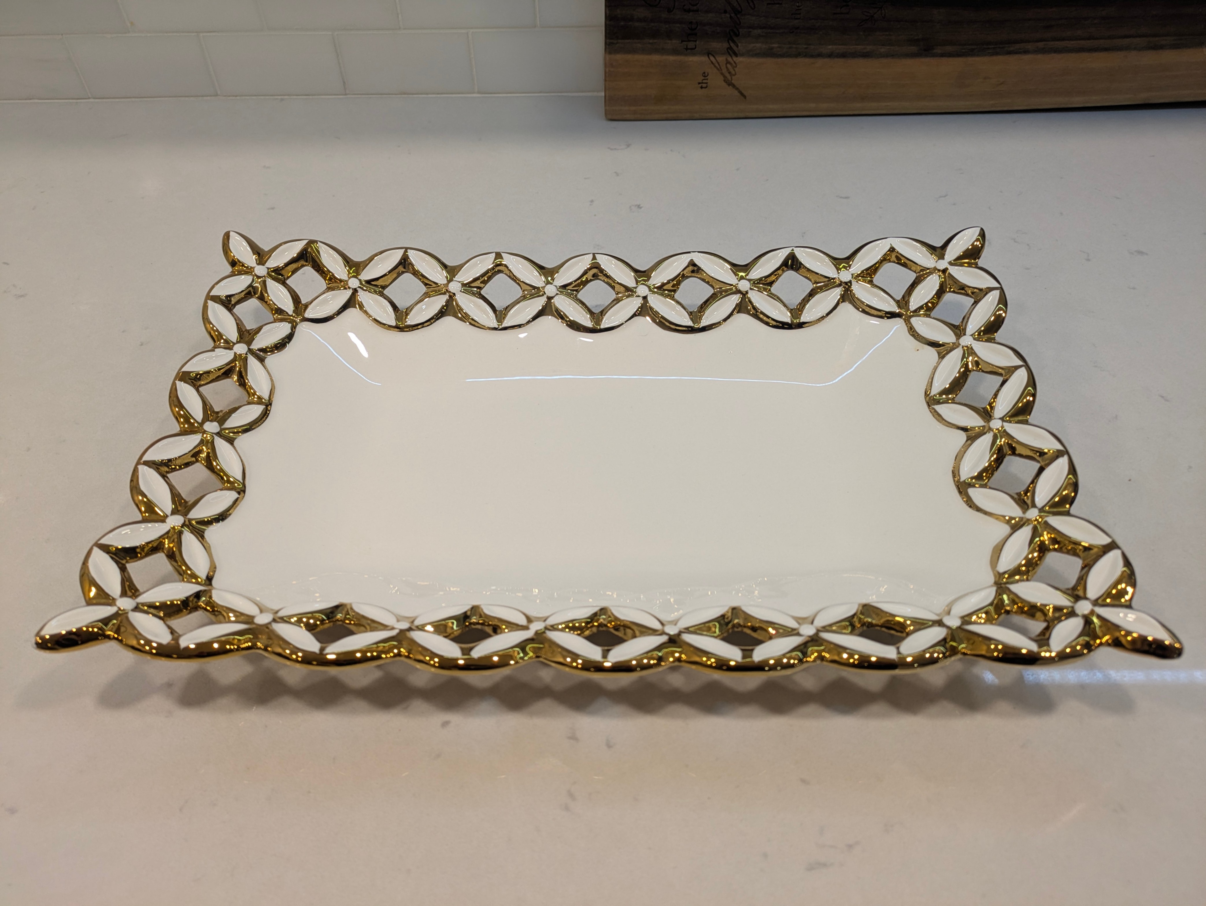 Decorative Rectangular white and gold Serving Tray