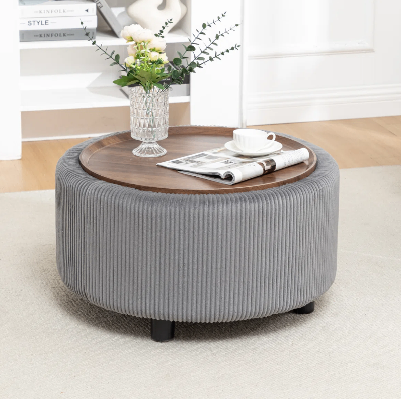Round Ottoman Coffee Table with Wooden Tray Top (New in box)