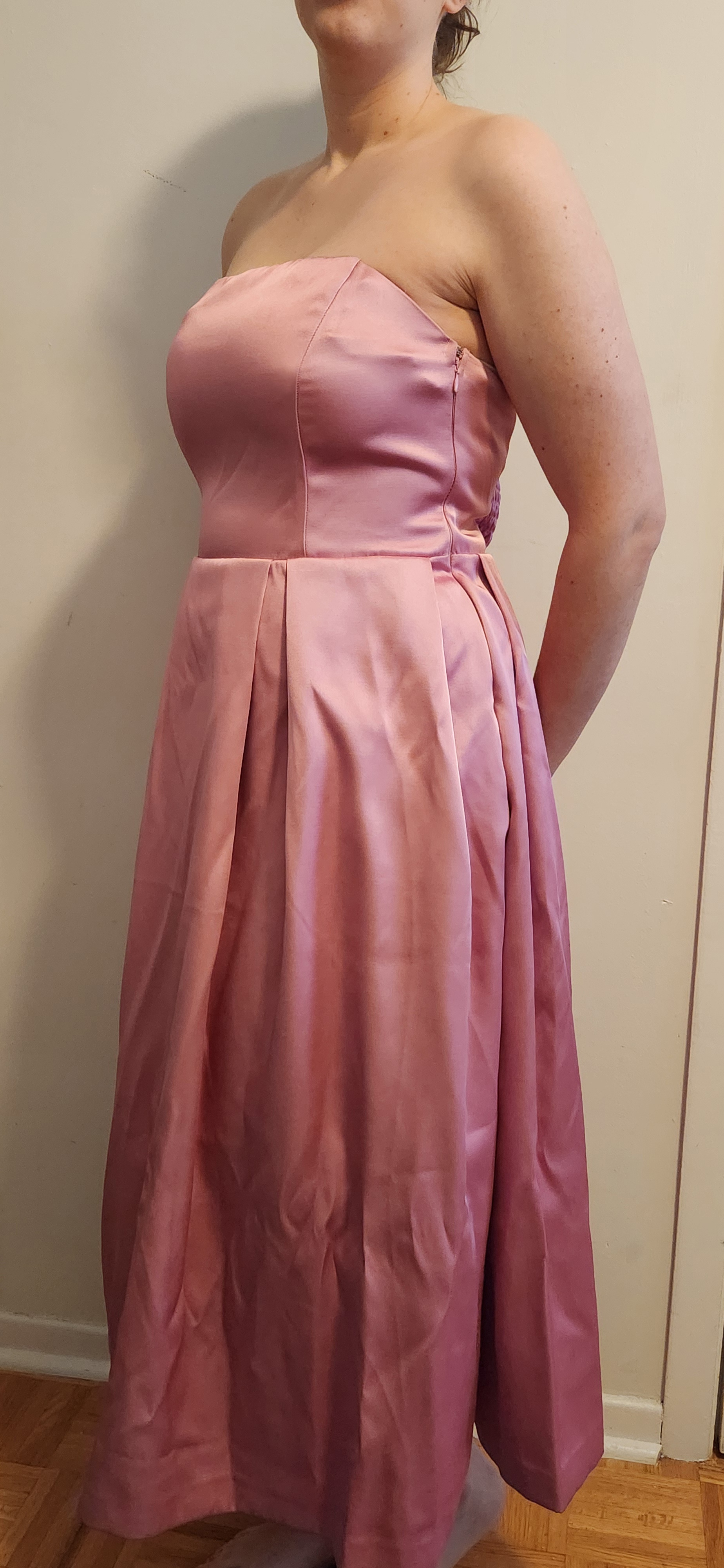H&M Strapless Satin Tea Length Dress with Pleats - photo 2