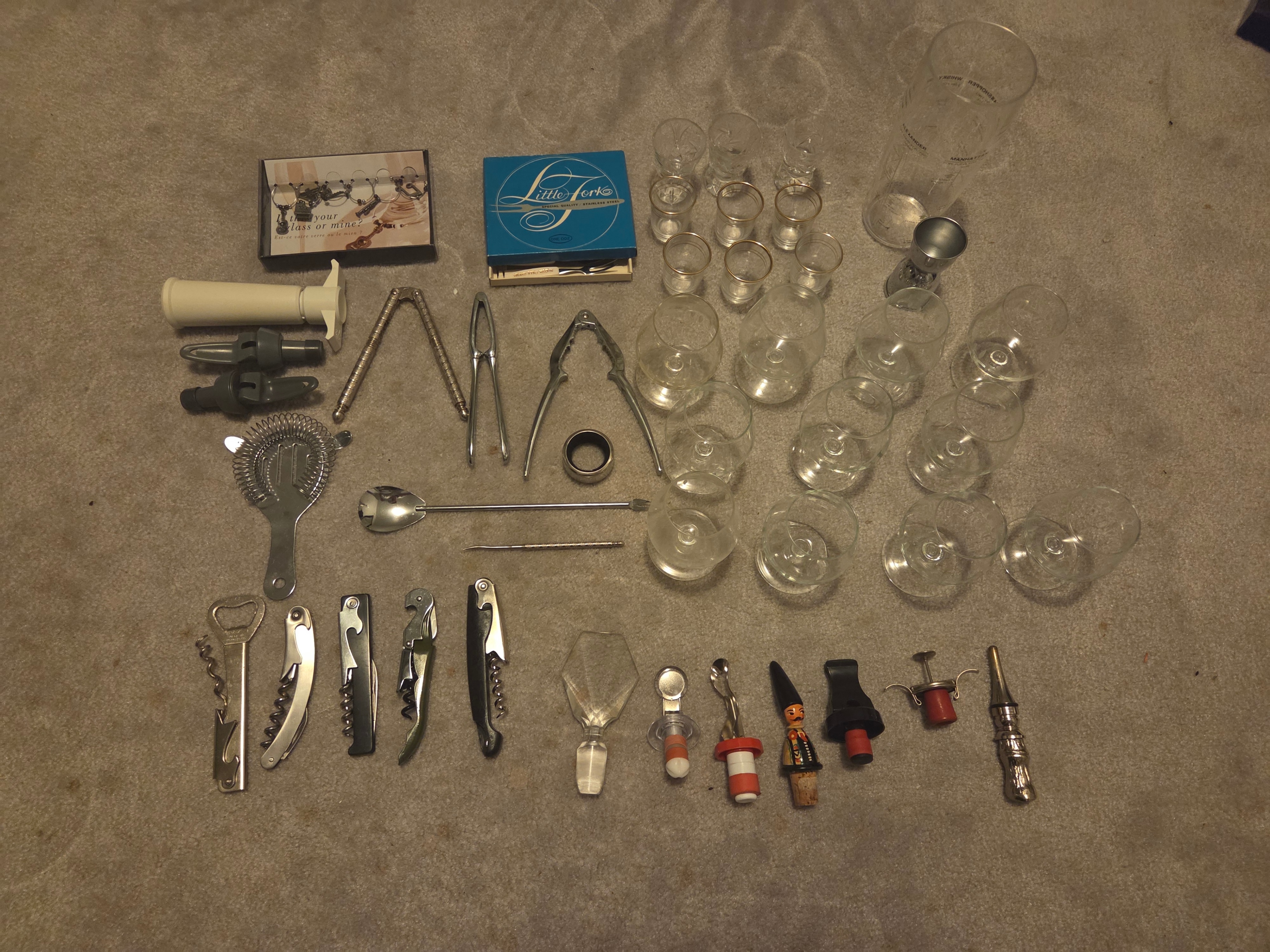 63pc Vintage MCM Bar Collection, Glass, Tiki & Hand-Carved Tools