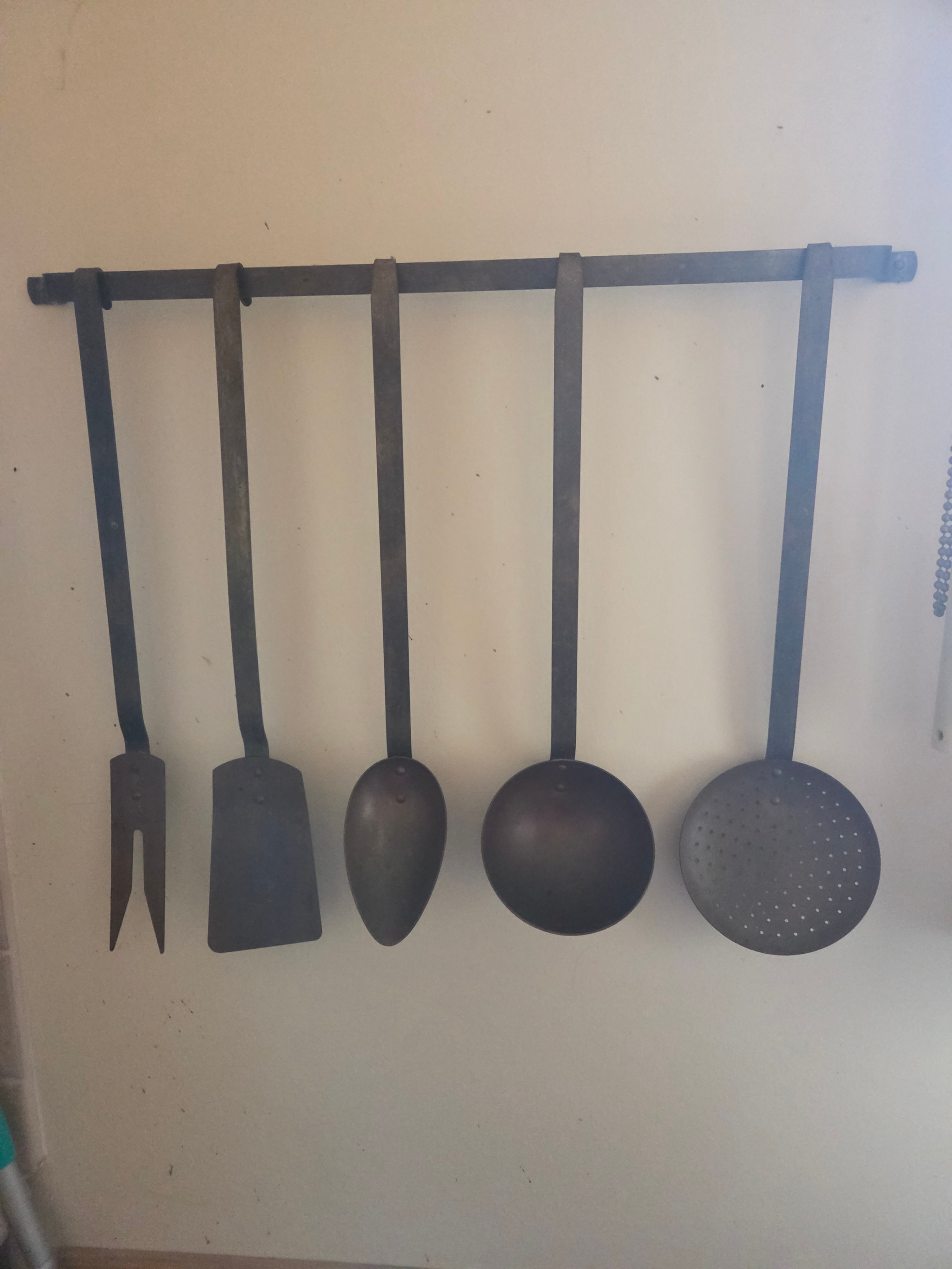 Vintage MCM Brass & Wrought Iron Utensil Set, 6pc w/ Wall Rack