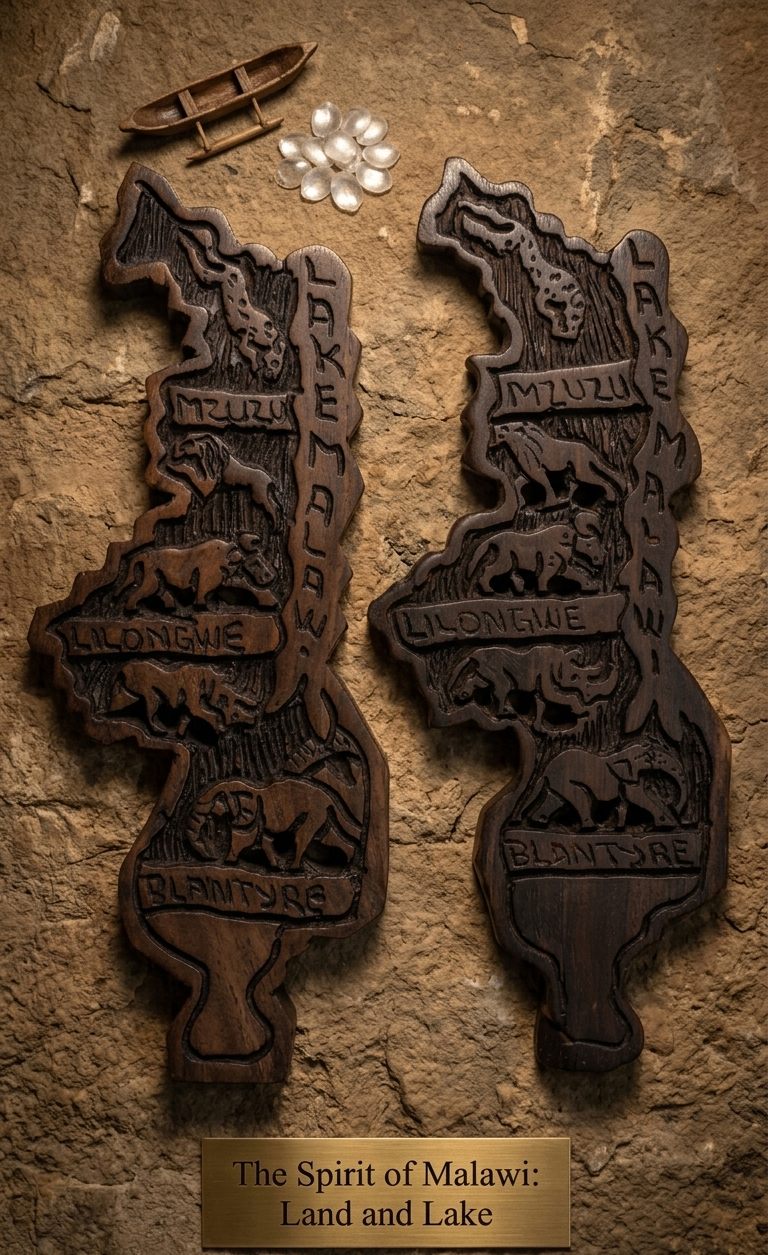 Carved Wooden Map of Malawi with Wildlife