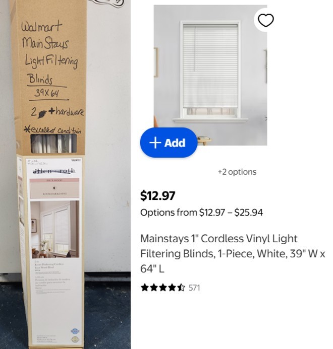 Cordless 1" White Vinyl Blinds  39" x 64"  - 2 pieces