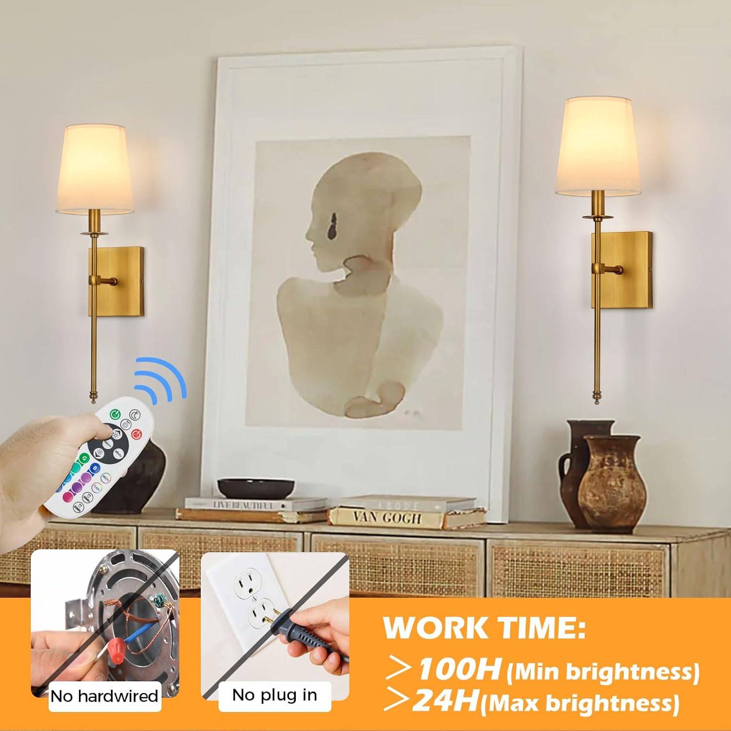 Set of 2 Gold LED Wall Sconces with Remote - photo 4