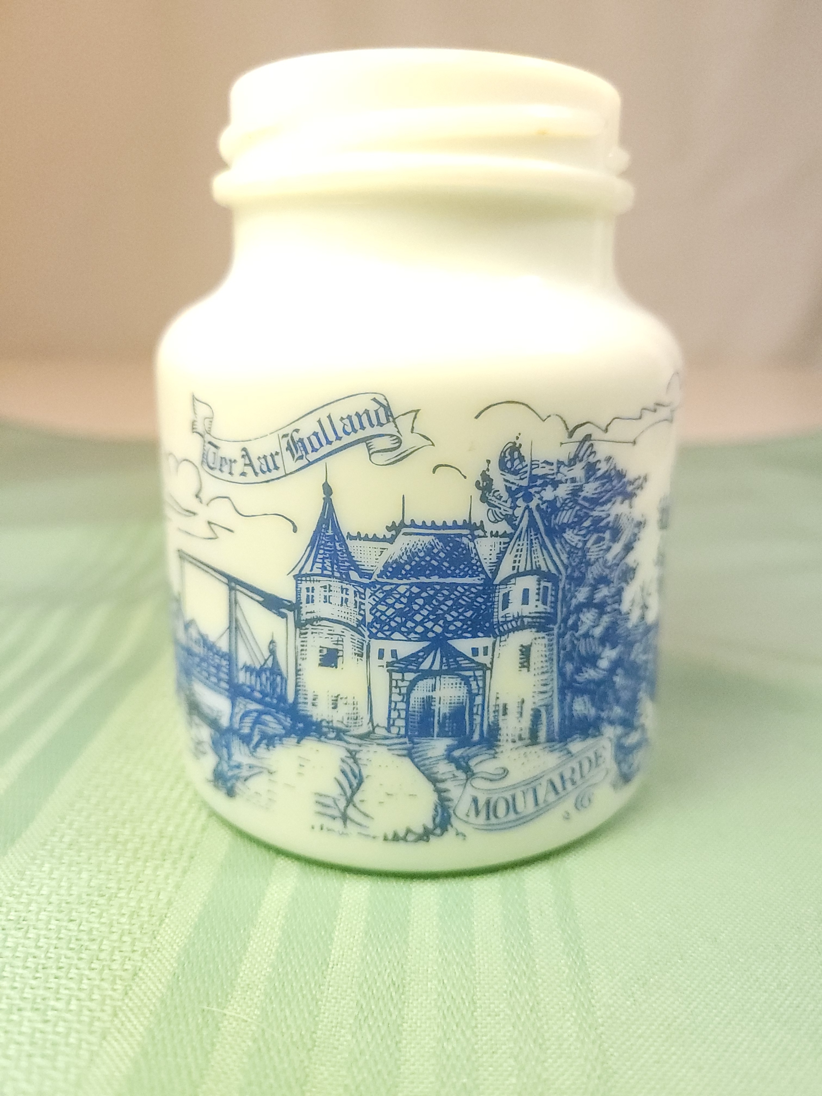Uyttewaal Holland Milk Glass Mustard Jar Blue Delft Windmill