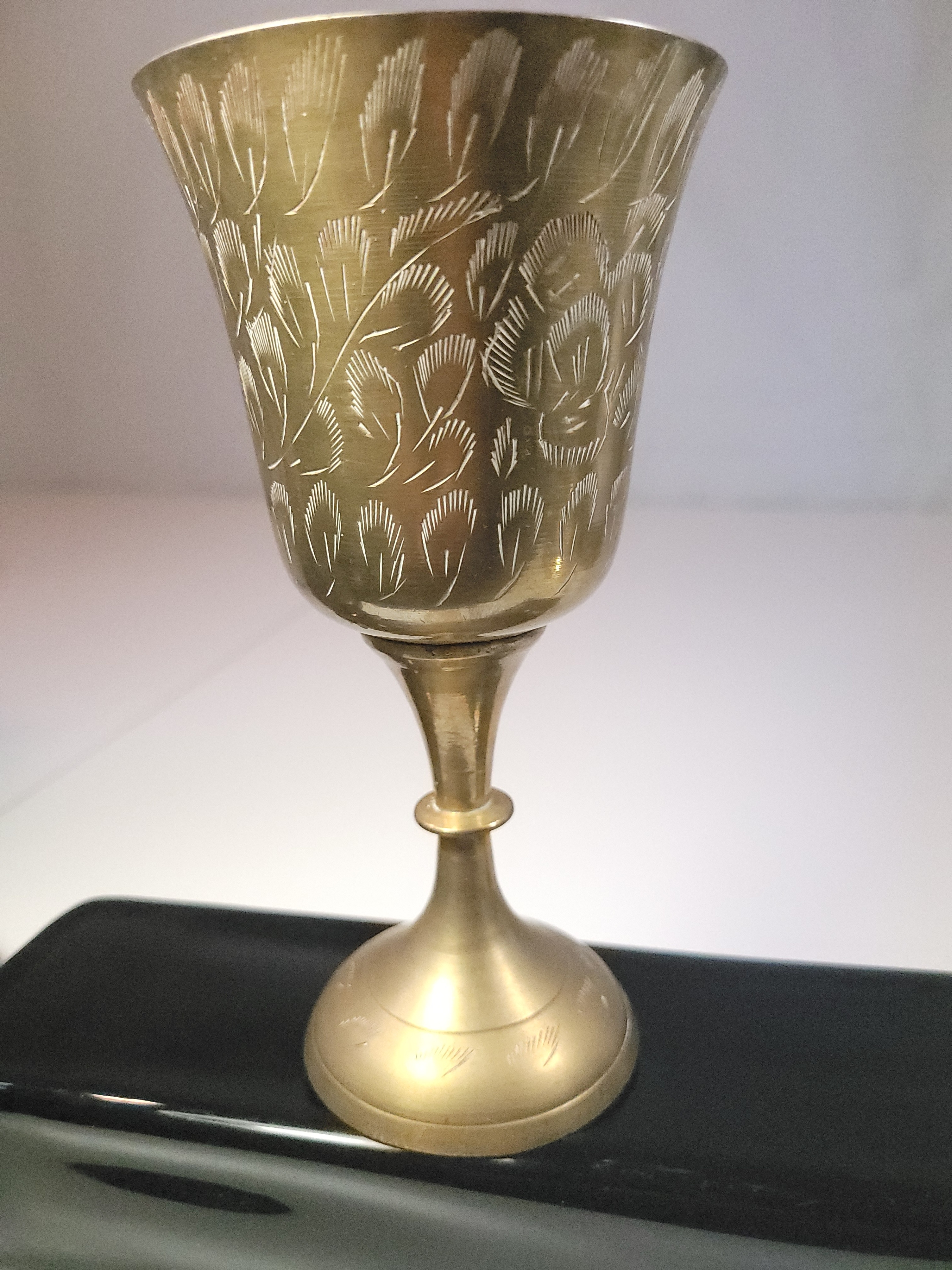 Vintage 1970s Etched Brass Goblet | Hand-Engraved Floral Indian - photo 4