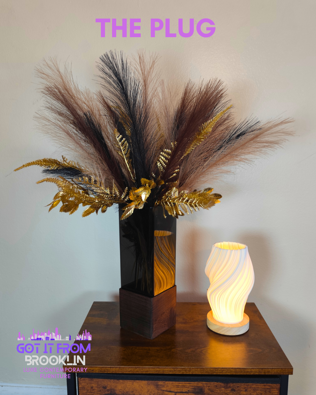 NEW Modern 3pc Set: Fabric Nightstand + Lamp + Vase Pampas Decor - photo 2