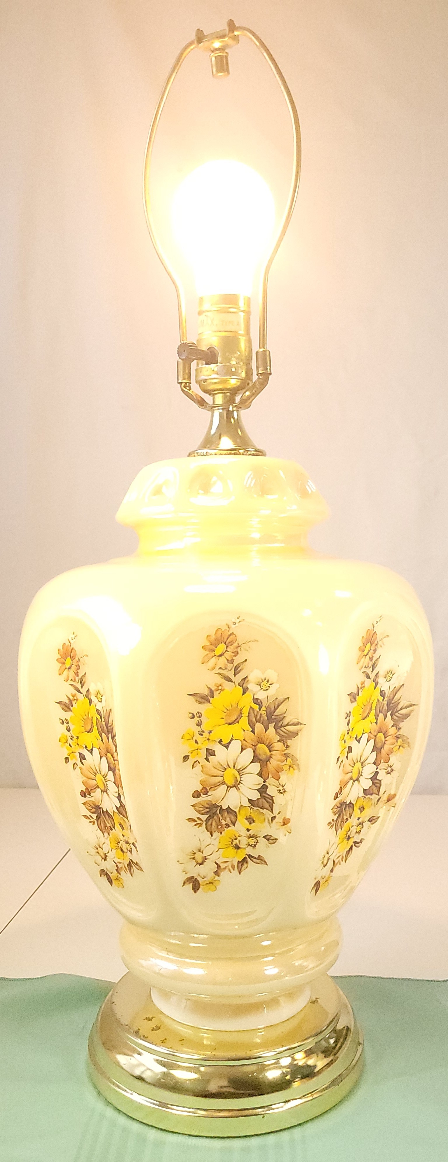 1970s Large 25" Milk Glass Lamp Yellow Daisy Wildflower Floral
