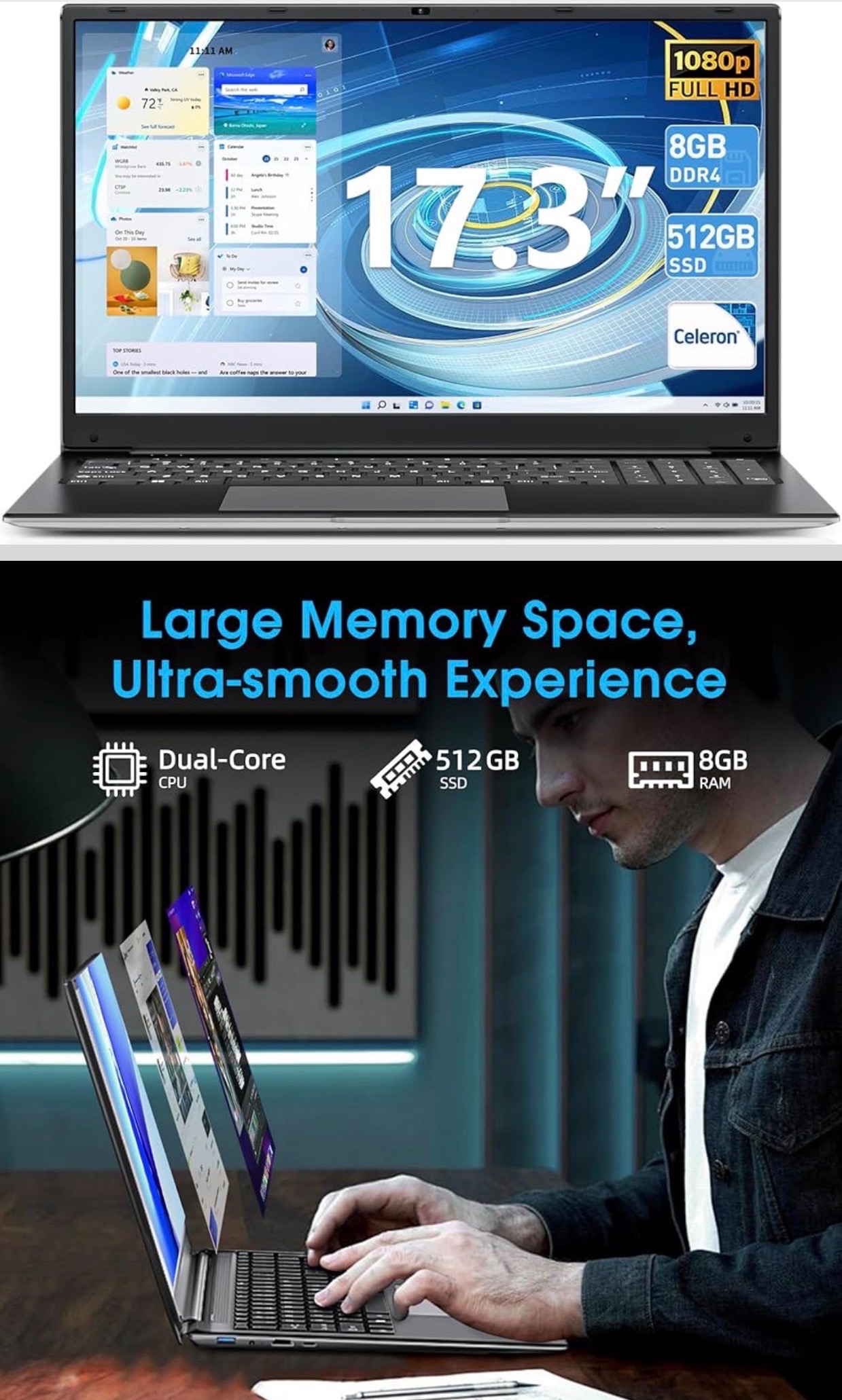 NEW: 17.3" Laptops Computer 8GB/512GB SSD Notebook expandable TF - photo 4