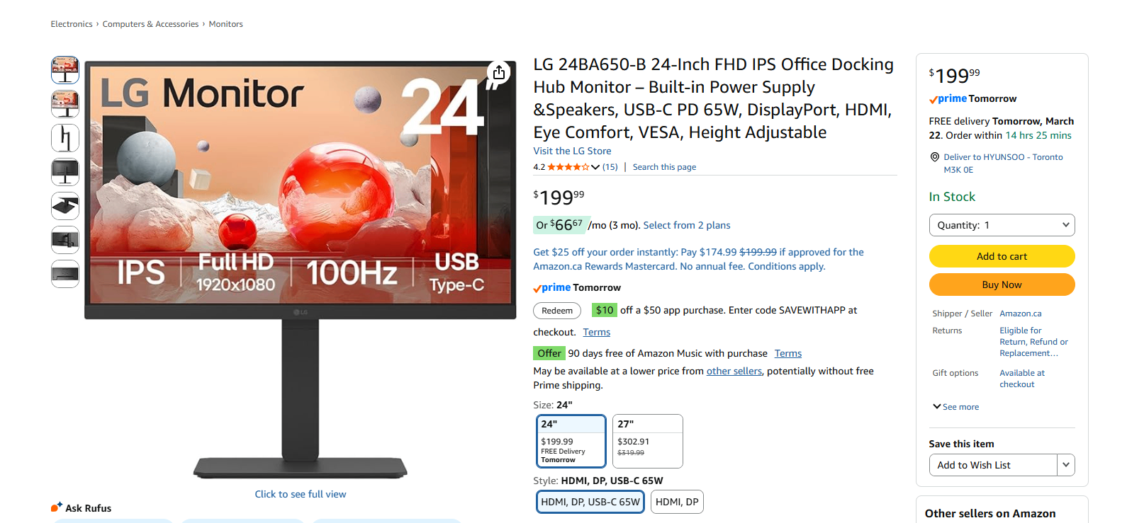 LG 24” USB-C Office Monitor (24BA650) – New in Box – $110
