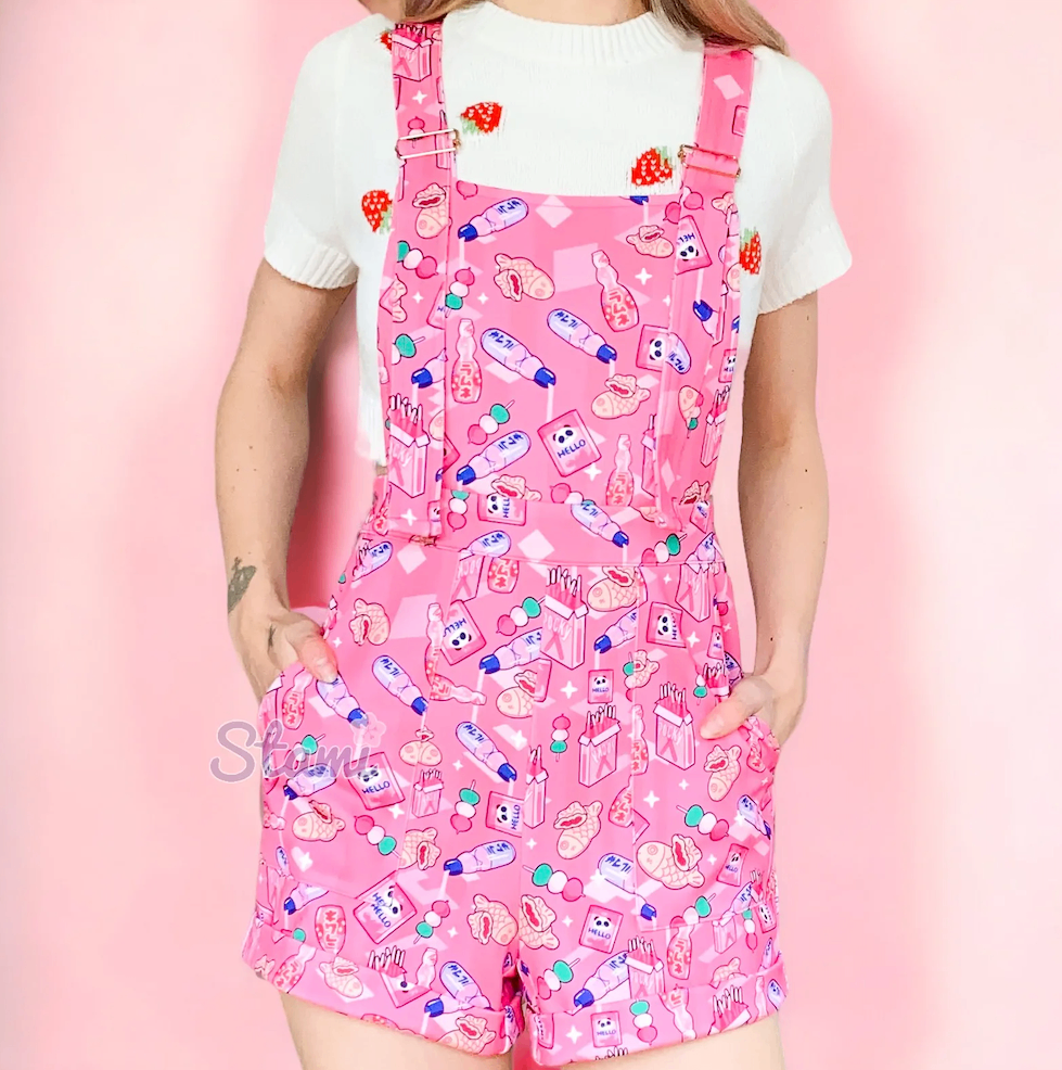 Pink Japanese Dango Sweets Shorts Overalls Romper for Women
