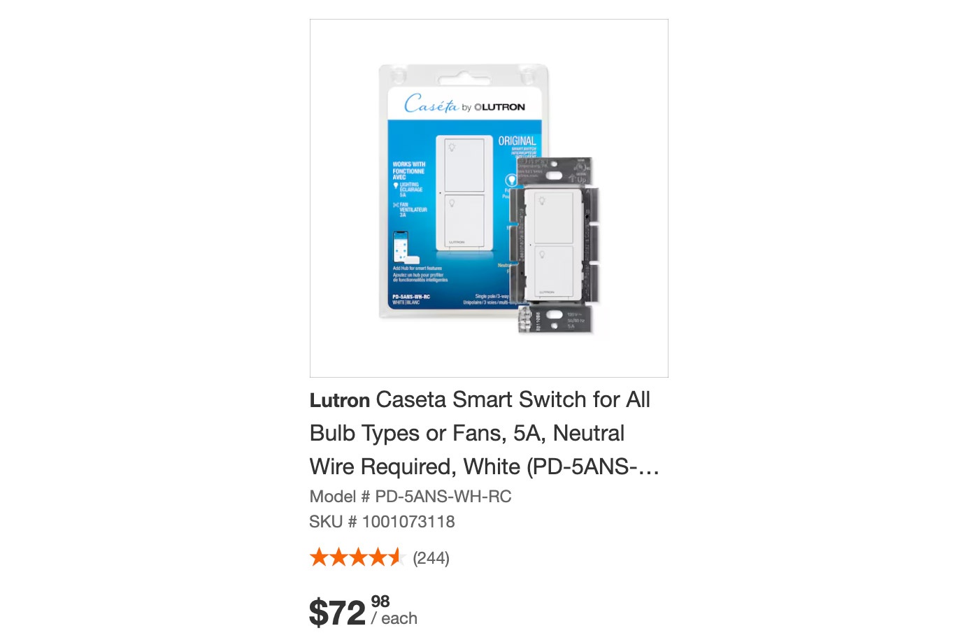 Lutron Caseta 5A in-wall neutral switch, PD-5ANS-WH-RC - photo 3