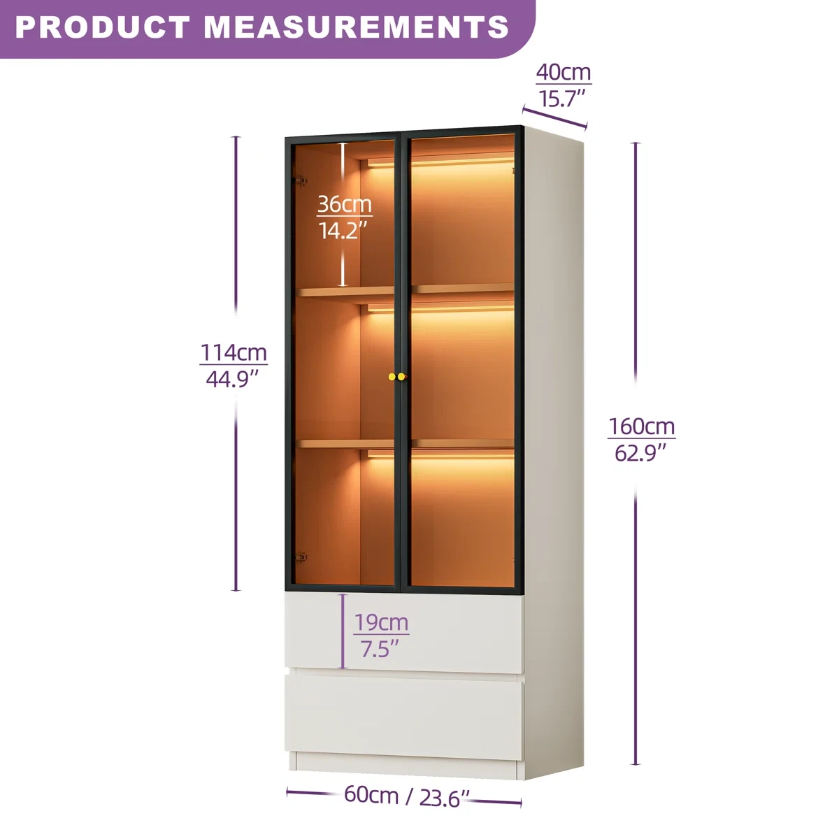 63" White 3-Tier + 2 Drawers Display Cabinet - photo 3