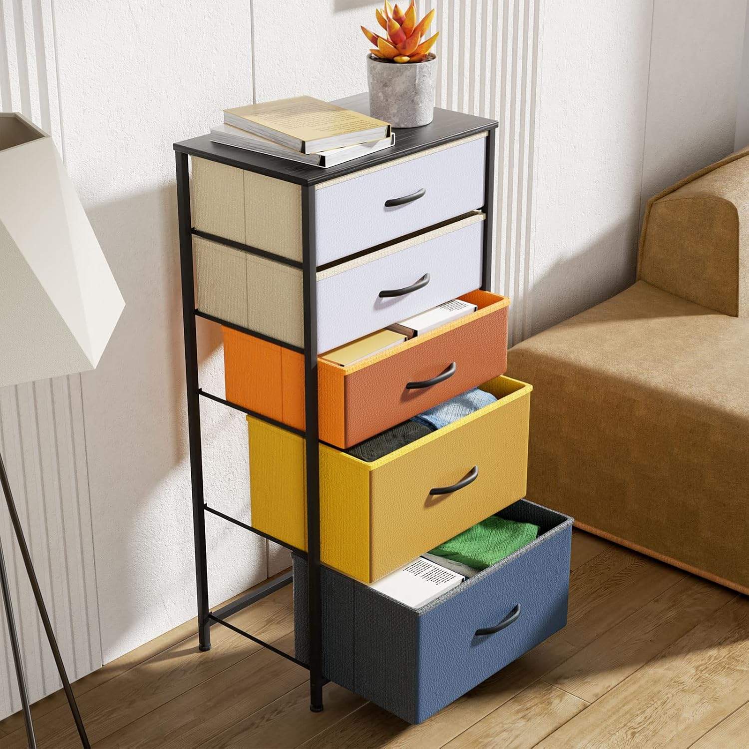 Multicolor Compact 5-Drawer Fabric Dresser Wood Top Steel Frame