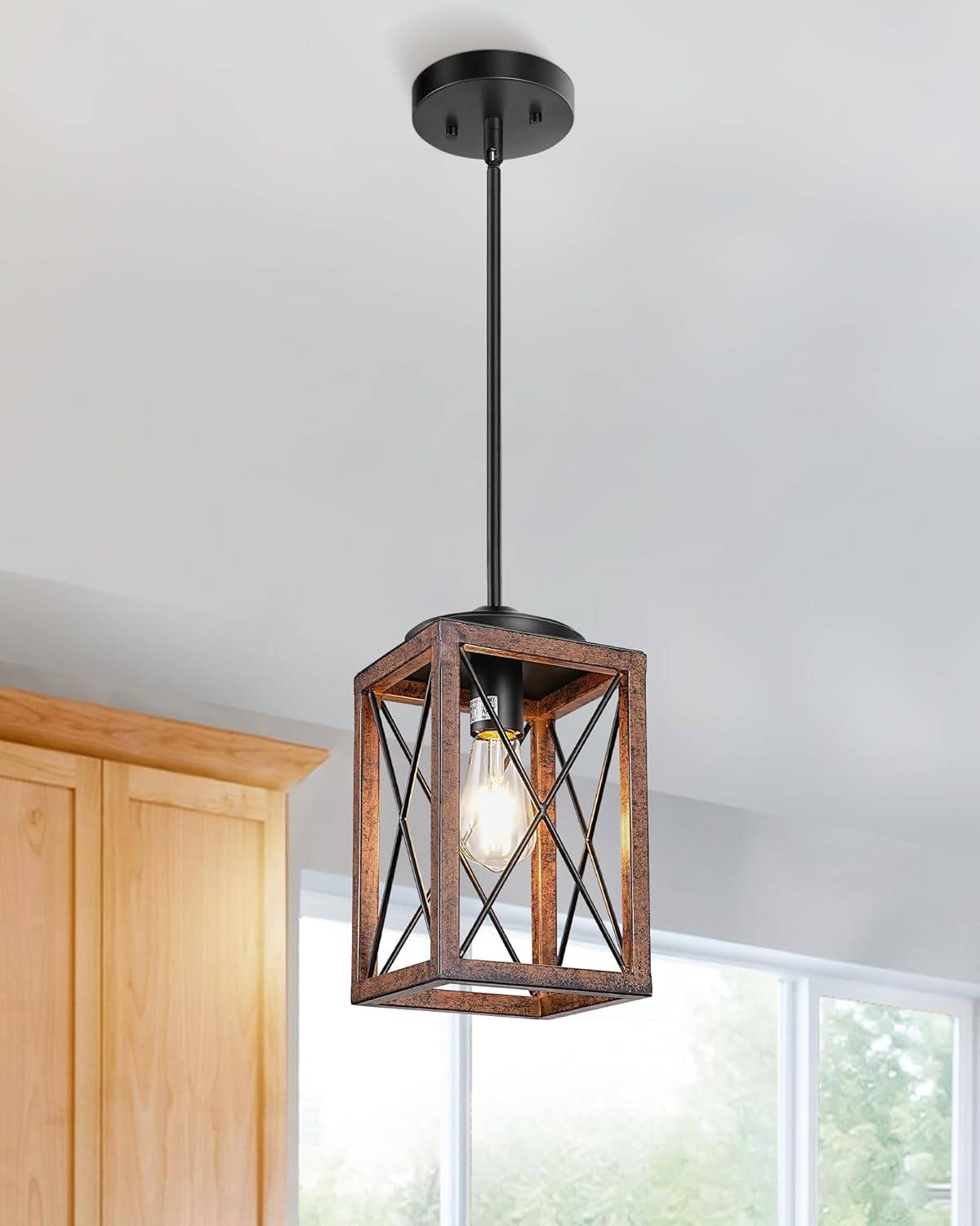 Farmhouse Pendant Light Fixture - Rustic Wood and Metal