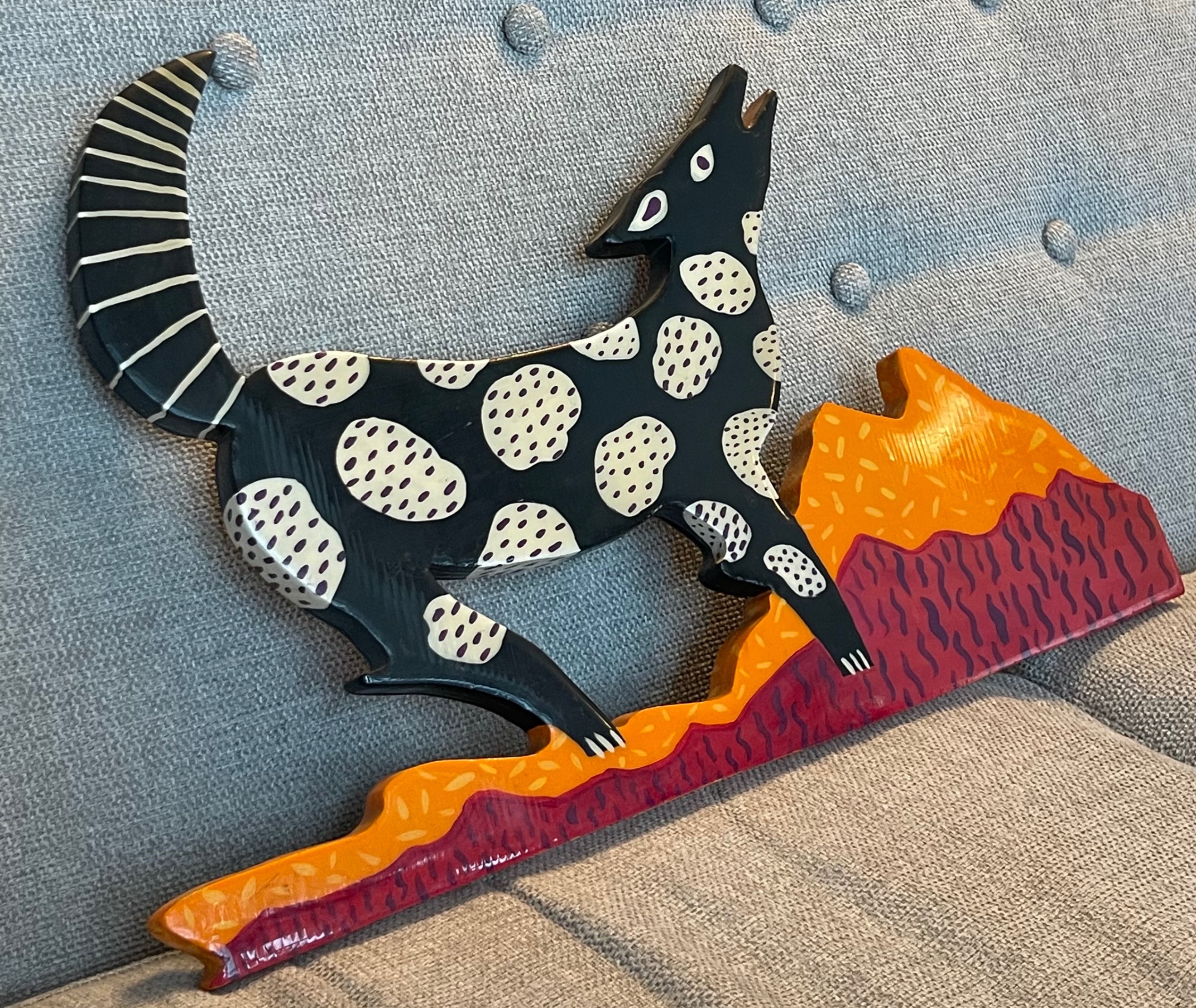 Large (19") Signed 1990 Wood Folk Art — "Wolf & Moon" - photo 2