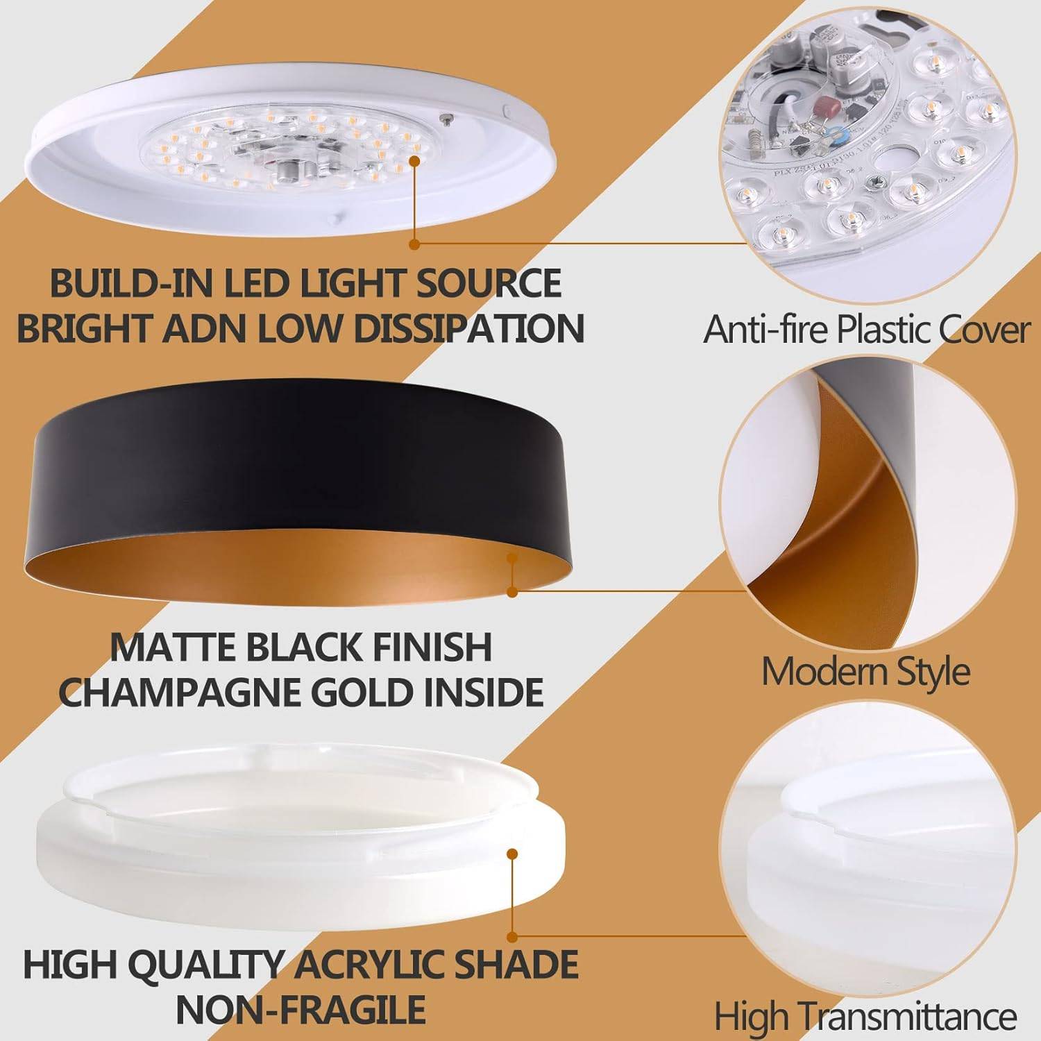 Modern LED Ceiling Light Fixture - Black/Champagne Gold - photo 3