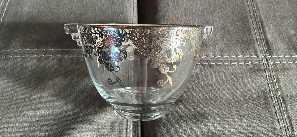 Vintage Art Deco Silver floral Overlay Glass Dish