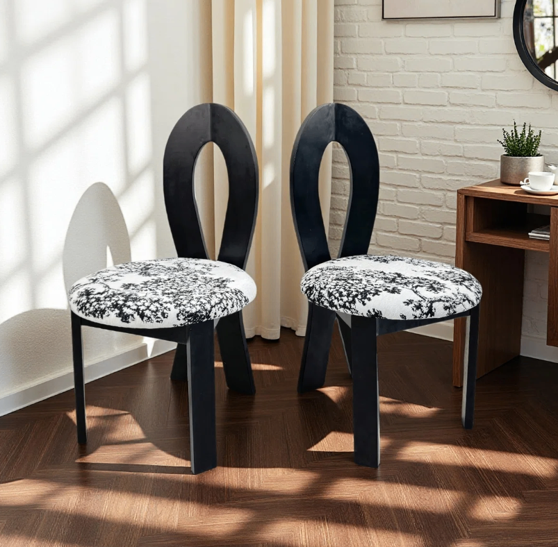 Black Dining Chair with Toile Fabric Seat - Set of 4(New in box)