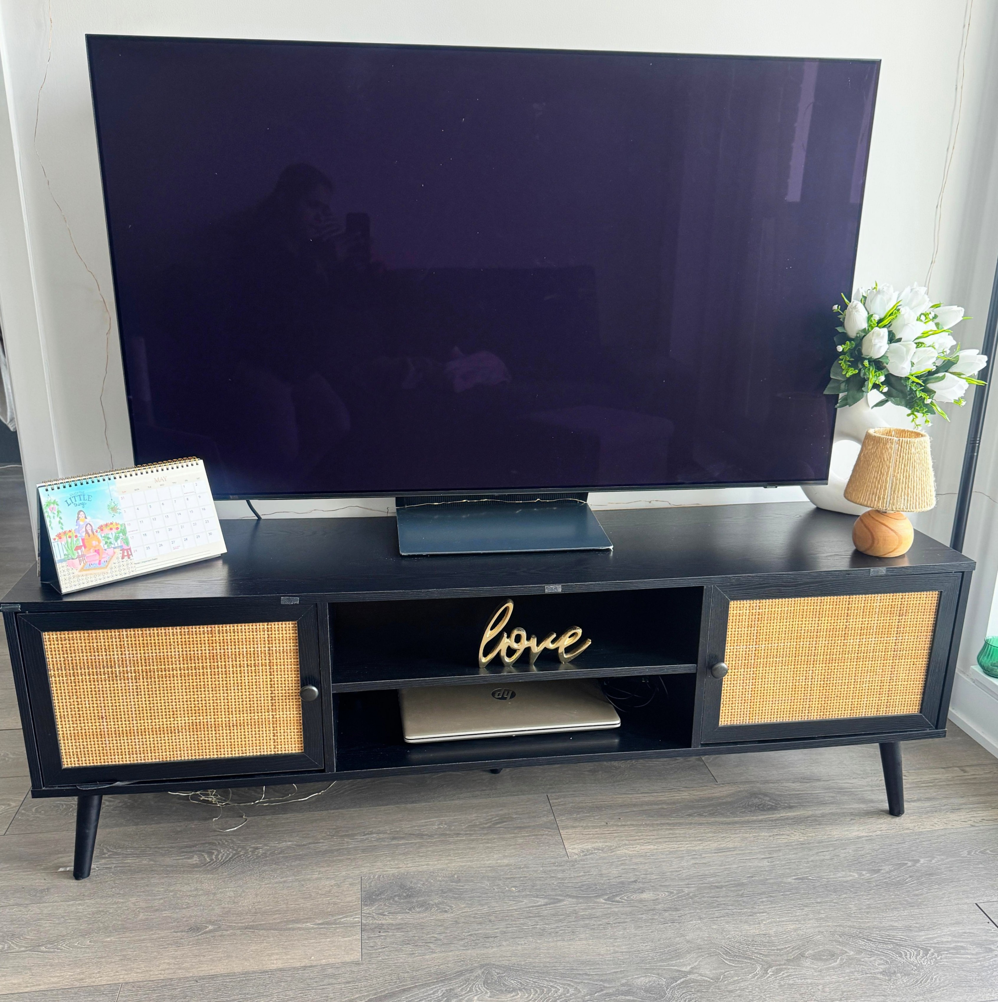 Black TV Unit / Stand with Rattan Doors