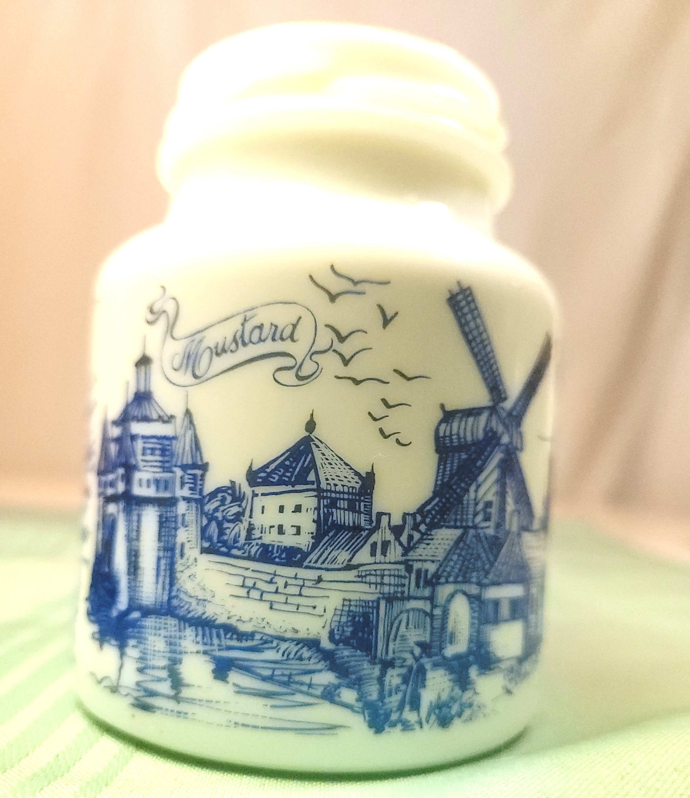 Uyttewaal Holland Milk Glass Mustard Jar Blue Delft Windmill - photo 5