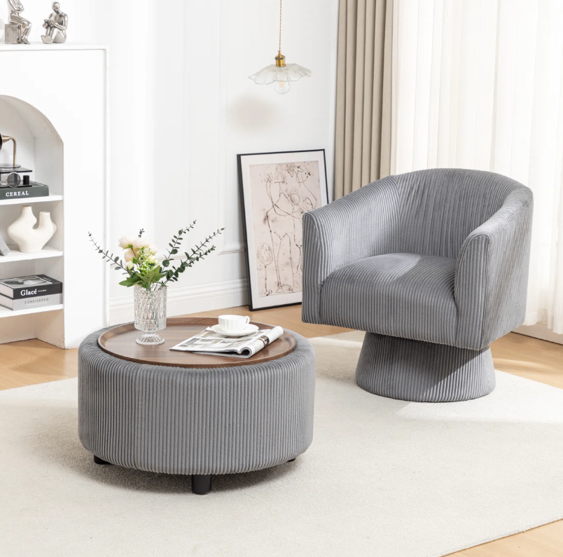 Round Ottoman Coffee Table with Wooden Tray Top (New in box) - photo 4
