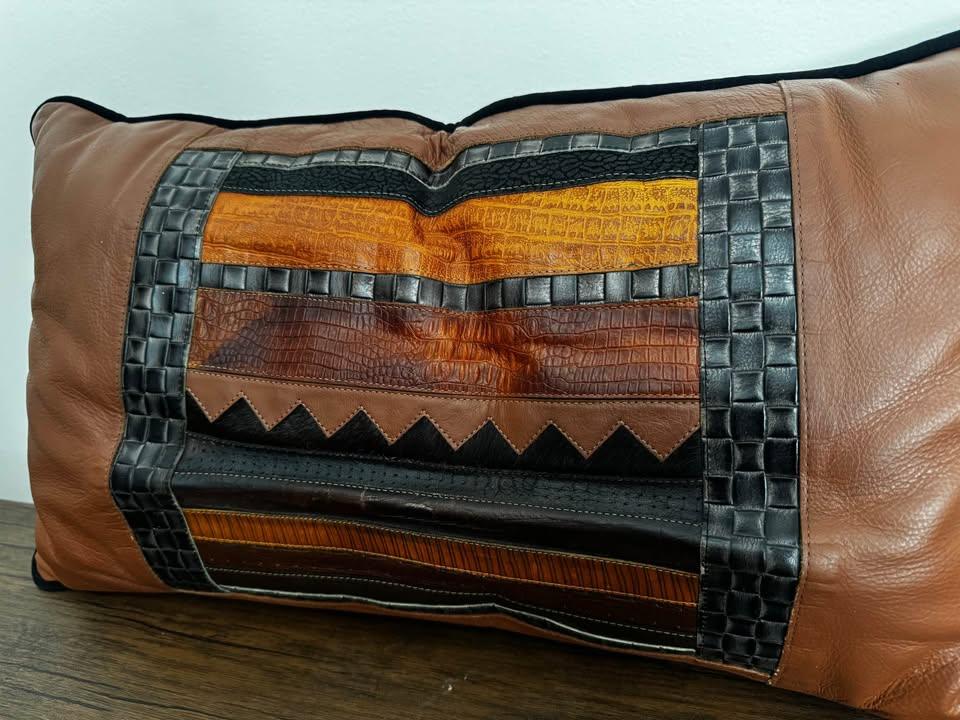 Handmade Leather Stitched Unique Throw Pillow Cushion Rectangle - photo 3
