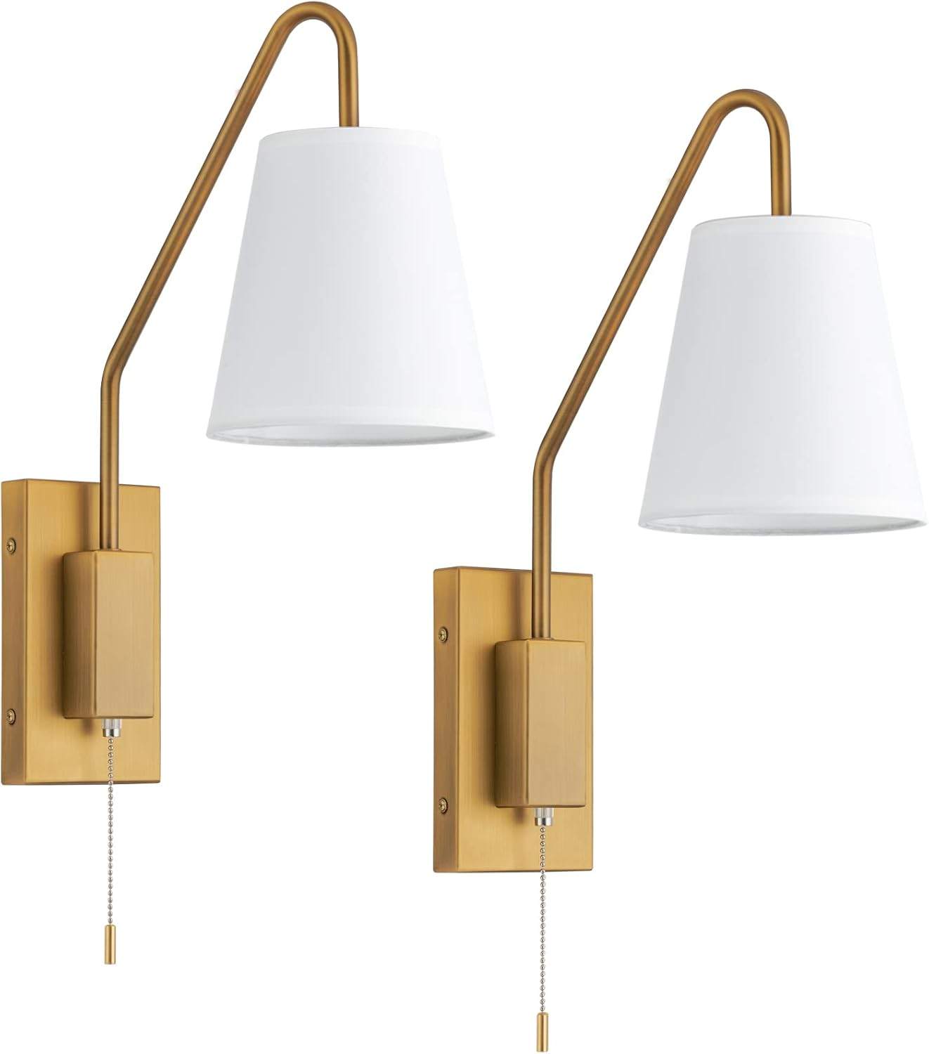 Set of 2 Gold Wall Sconces with White Shades