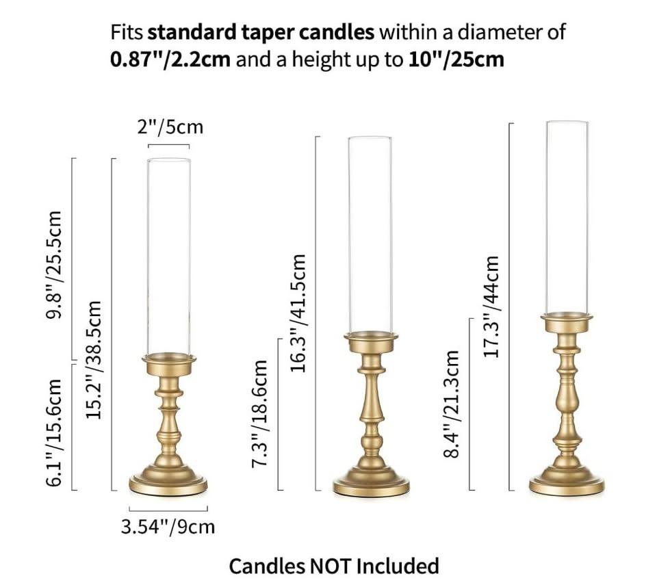 Gold Hurricane Taper Candle Holders with Glass Shade - Set of 3 - photo 2