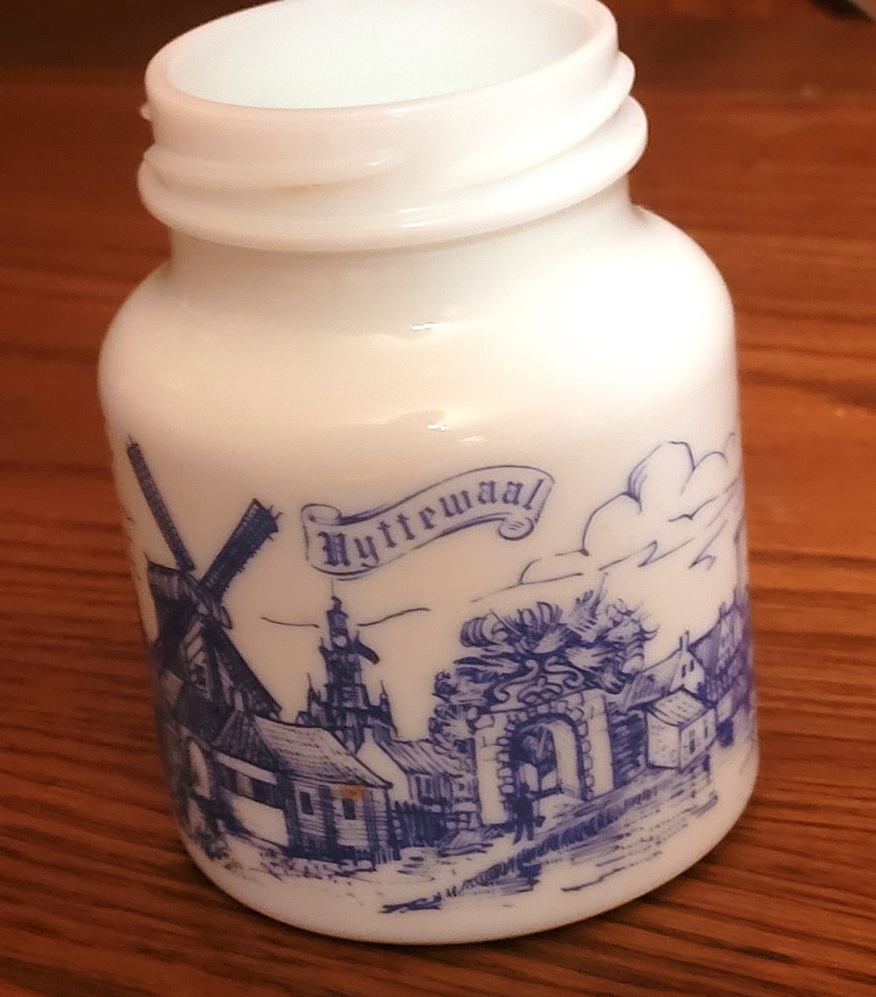 Uyttewaal Holland Milk Glass Mustard Jar Blue Delft Windmill - photo 2