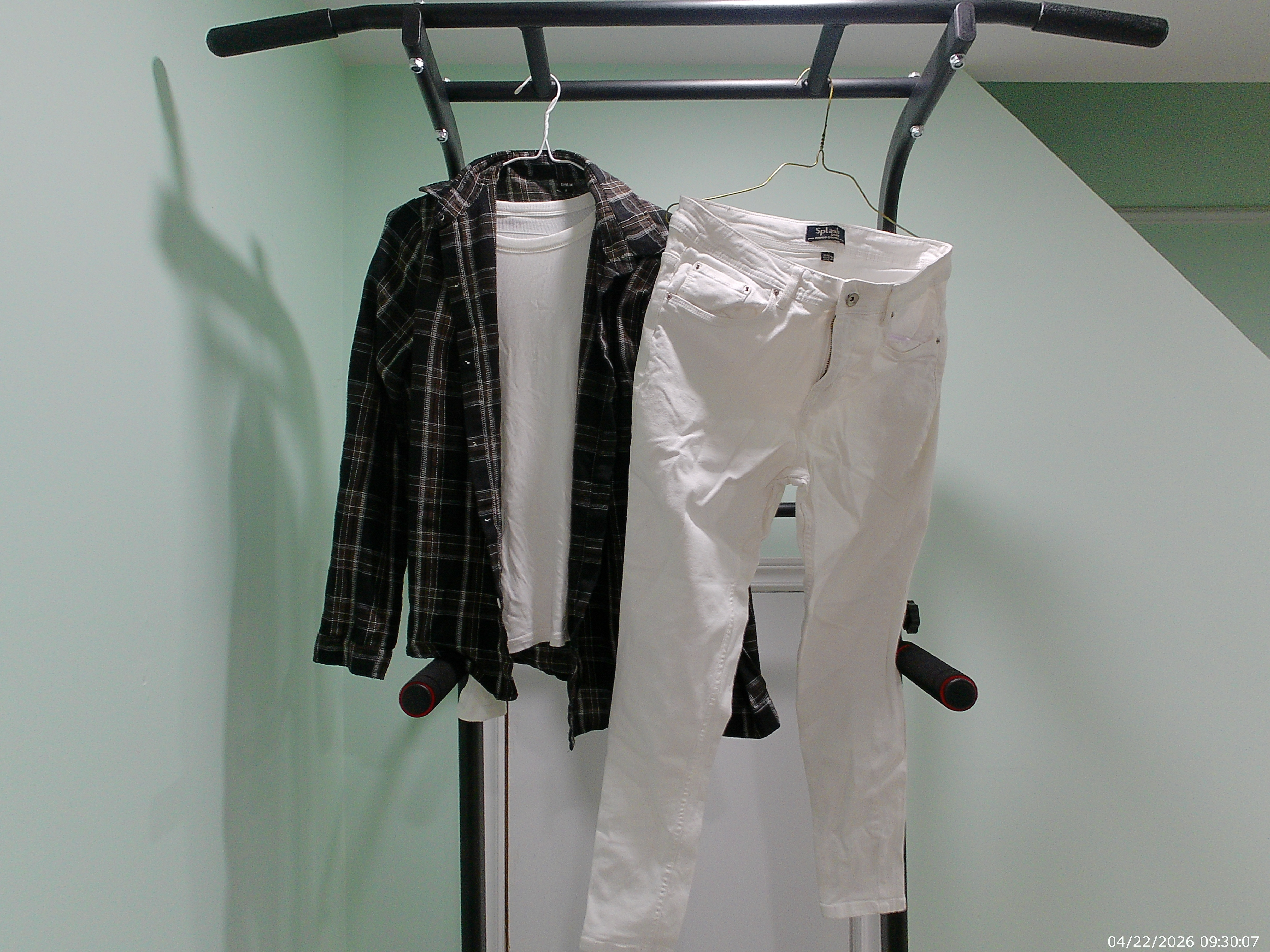 White & Black Plaid Shirt with White T-Shirt and White Jeans - photo 2