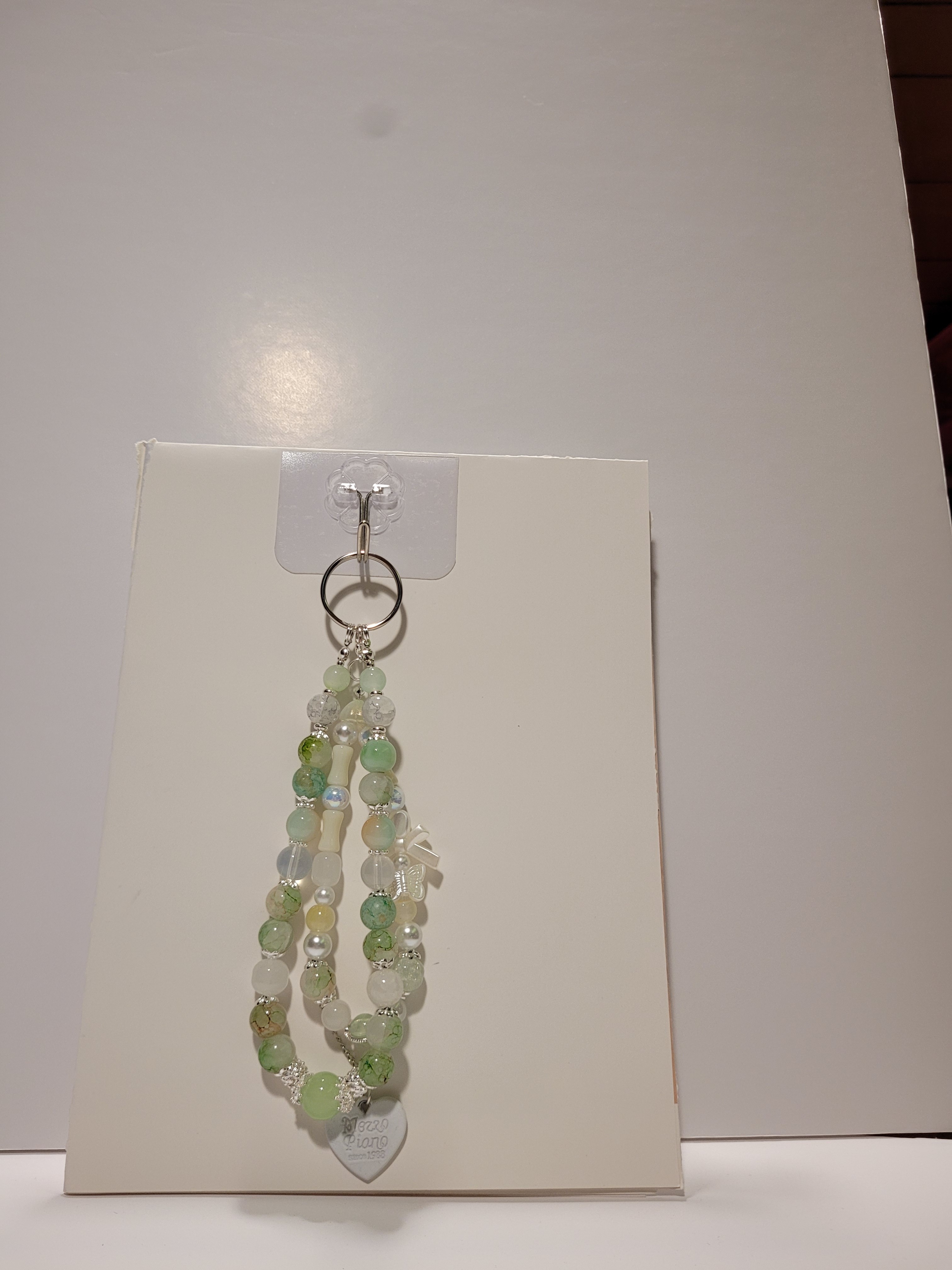 Handmade Beaded Keychain - Green & White