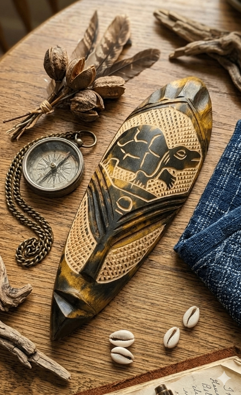 Carved Wooden Mask with Turtle Design