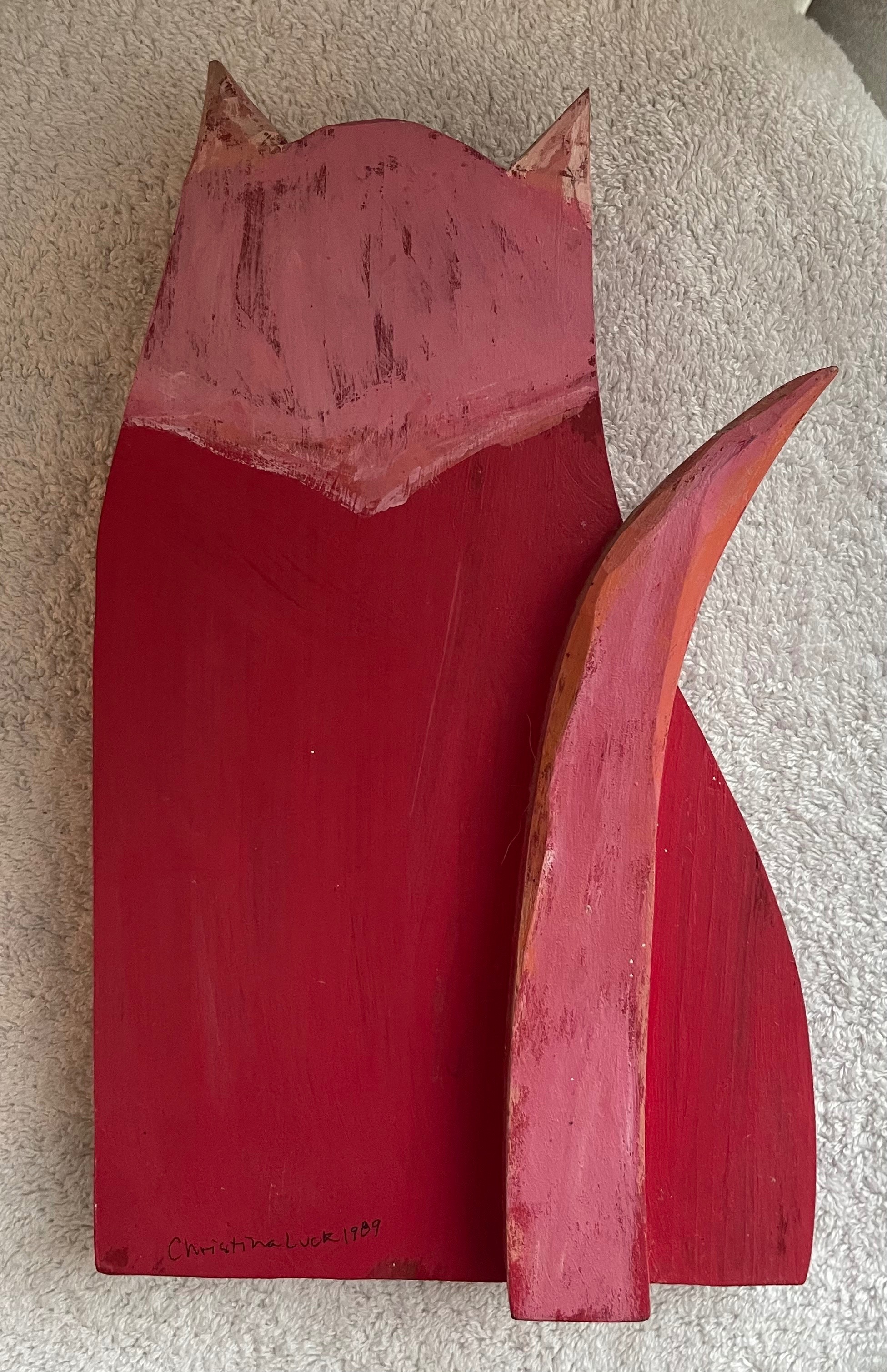 Signed Christina Luck (1989) Wood Cat Art Sculpture - photo 3
