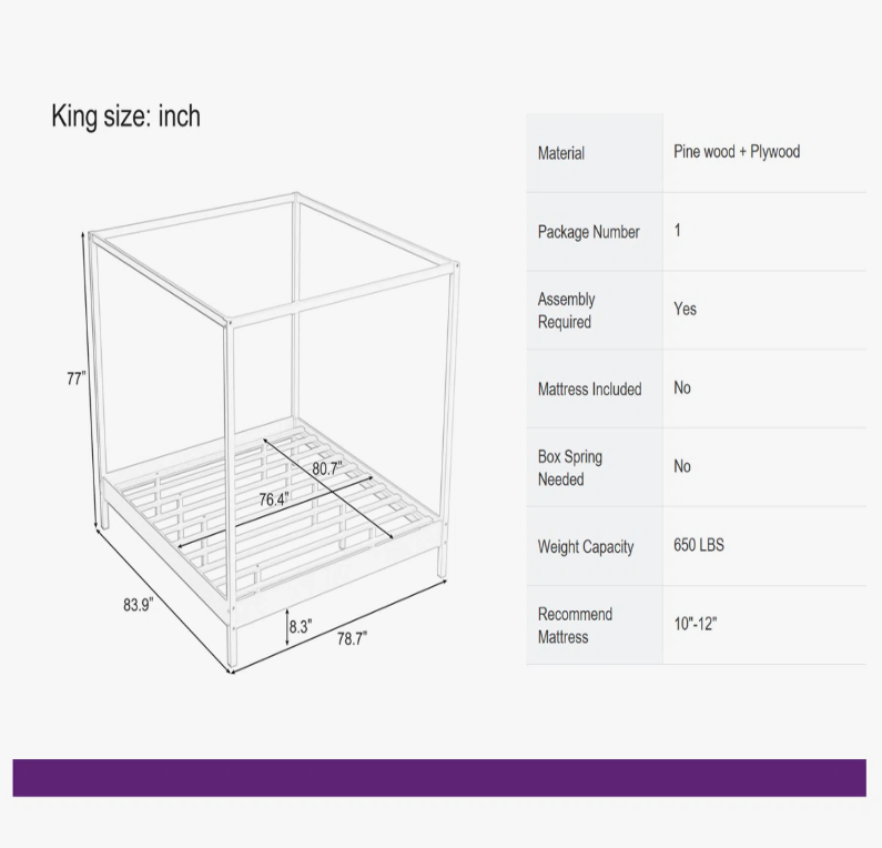 King Size Canopy Bed Frame (New in box) - photo 4