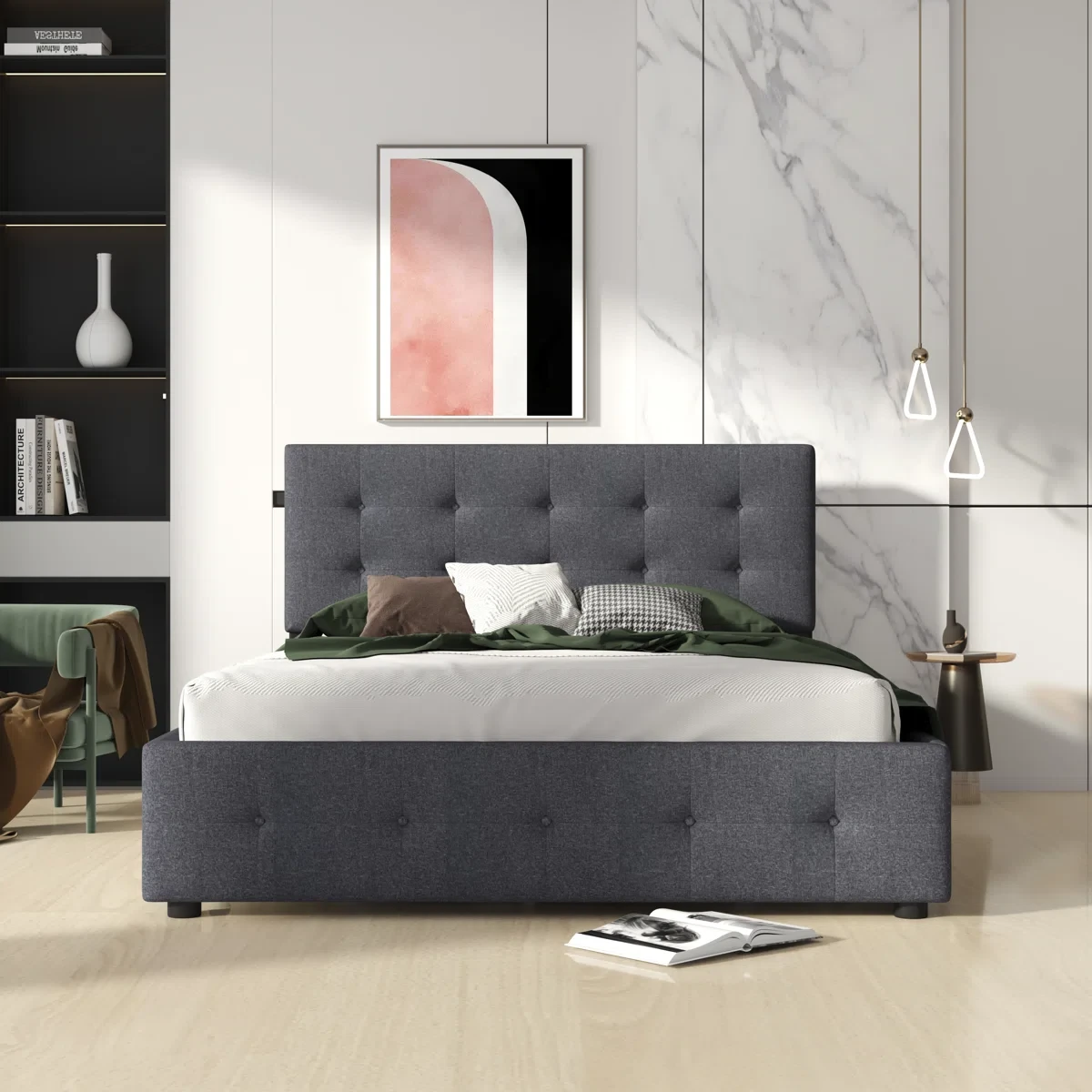 Full size bed frame with under bed storage.