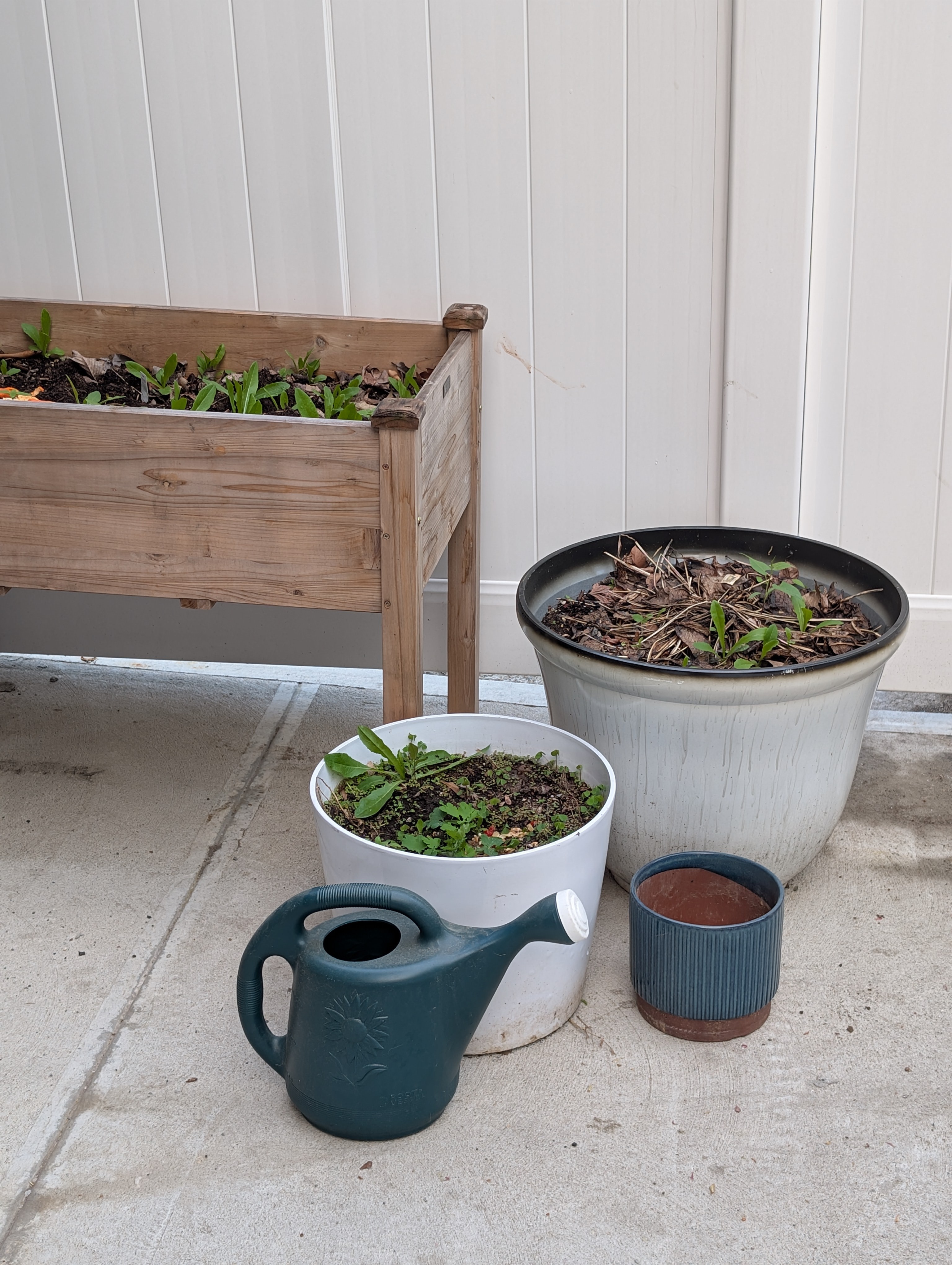 Raised Garden Bed w/ 3 pots and watering can