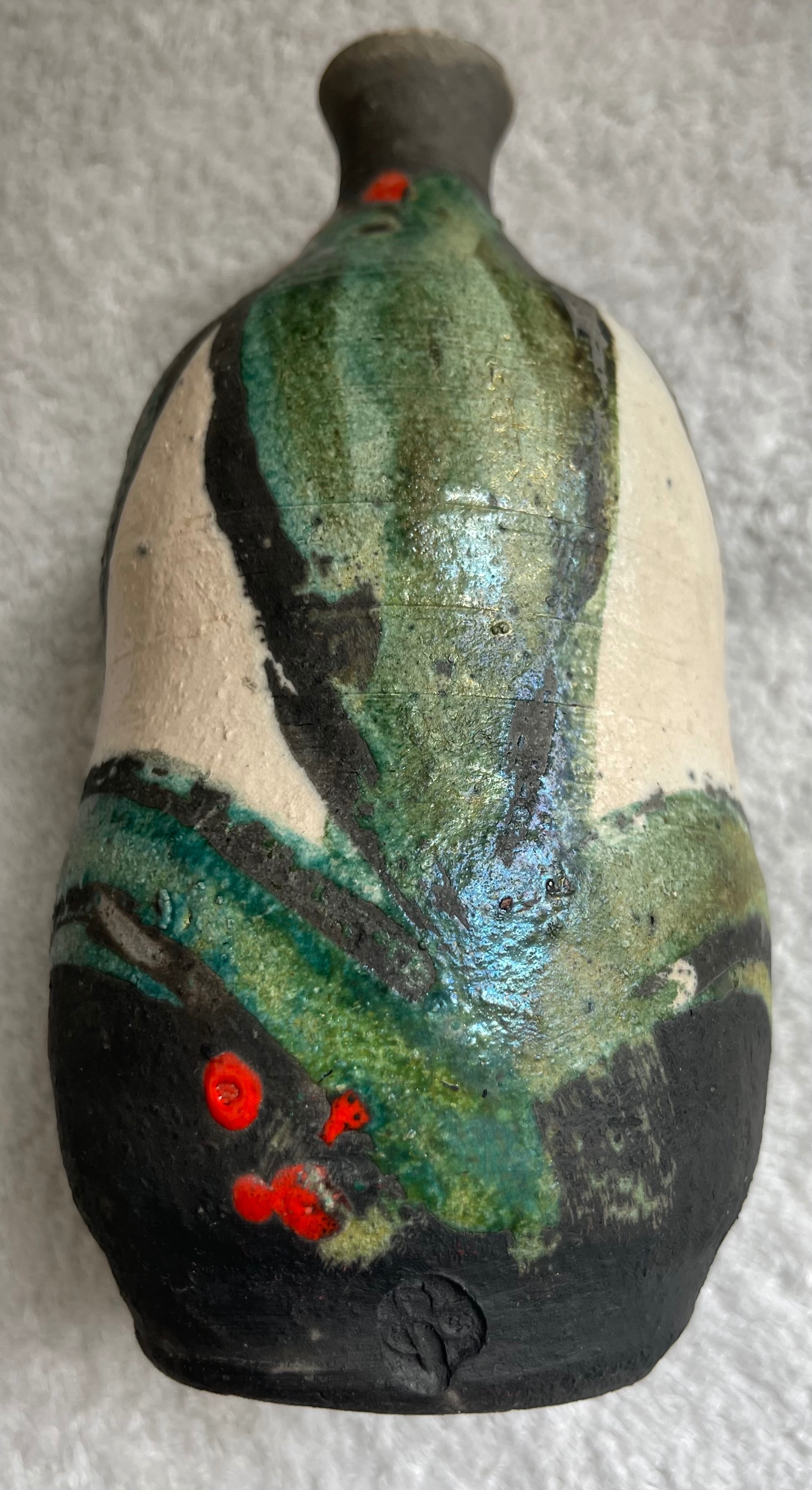Signed Japanese Matte Vase — Charcoal, Green, Ivory  & Red - photo 3