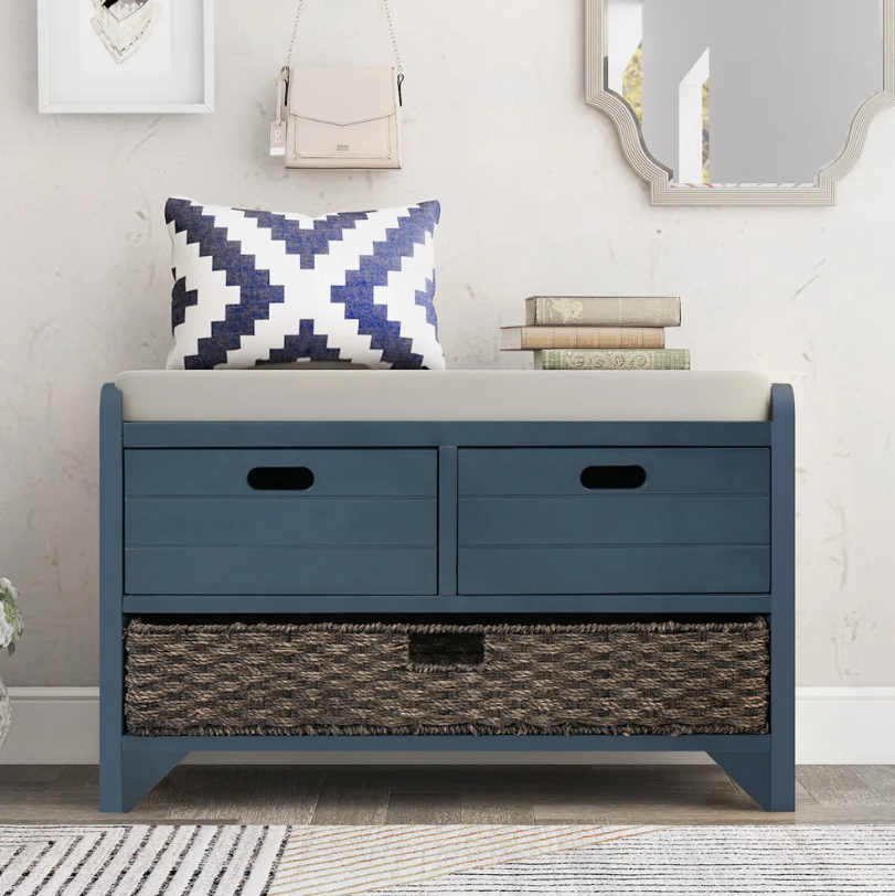 Blue Entryway Storage Bench with Cushion and Basket - New in box