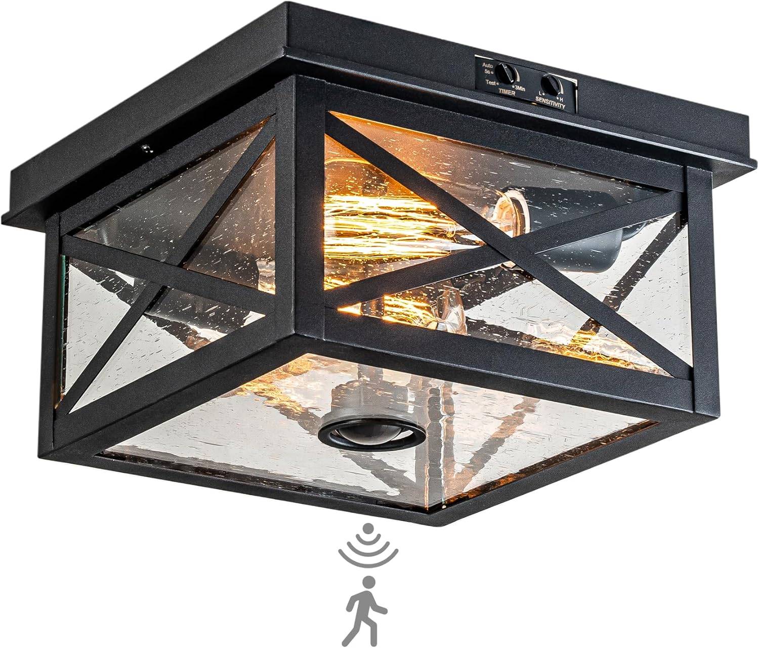 Black Outdoor Flush Mount Ceiling Light with Seeded Glass