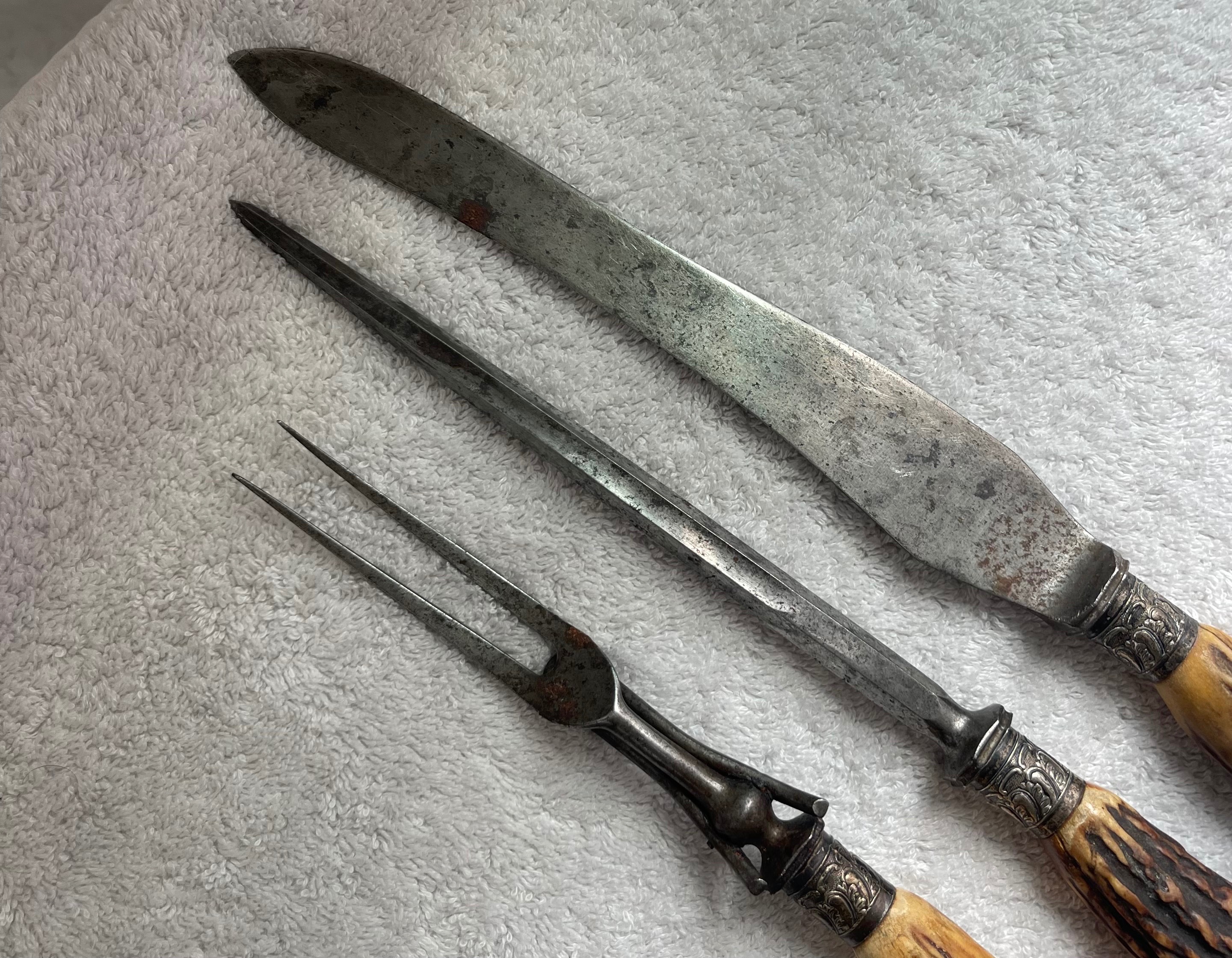Antique 3-Pc E.M. Dickinson Stag Horn Carving Set (As-Is) - photo 3