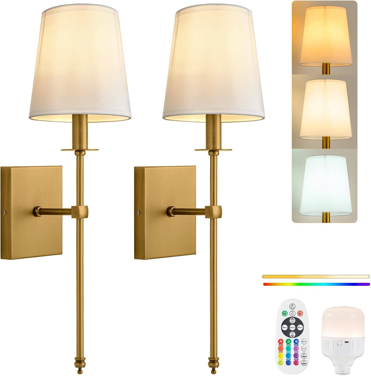 Set of 2 Gold LED Wall Sconces with Remote